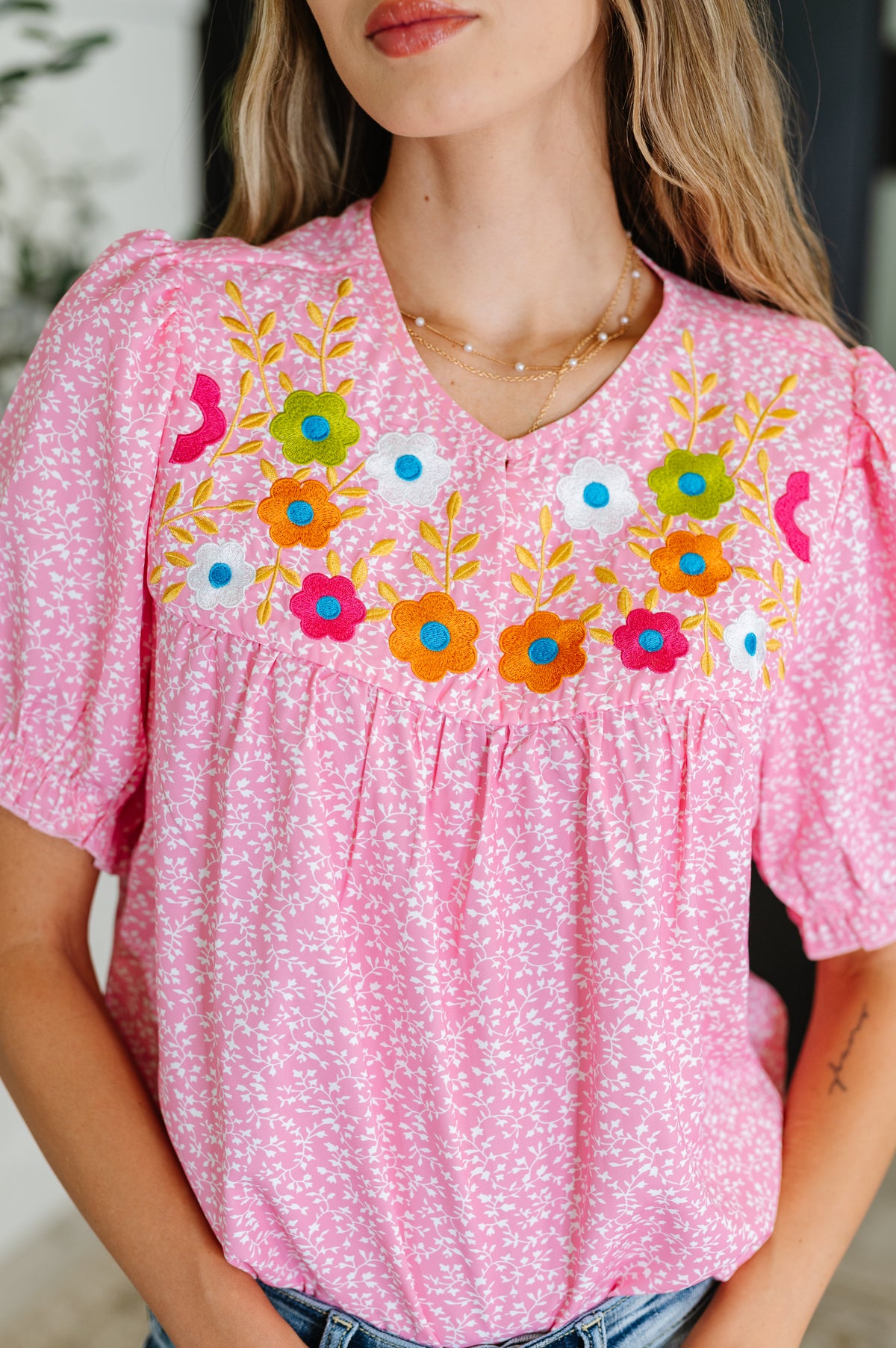 Wander Bloom Embroidered Puff Sleeve Blouse in Pink - 8/12/2025