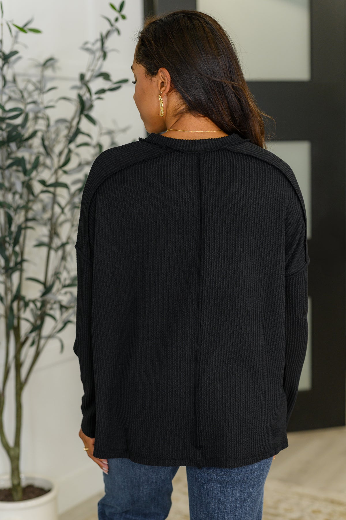 Wander & Rest Cable Ribbed Knit Drop Shoulder Top in Black - 8/6/2025