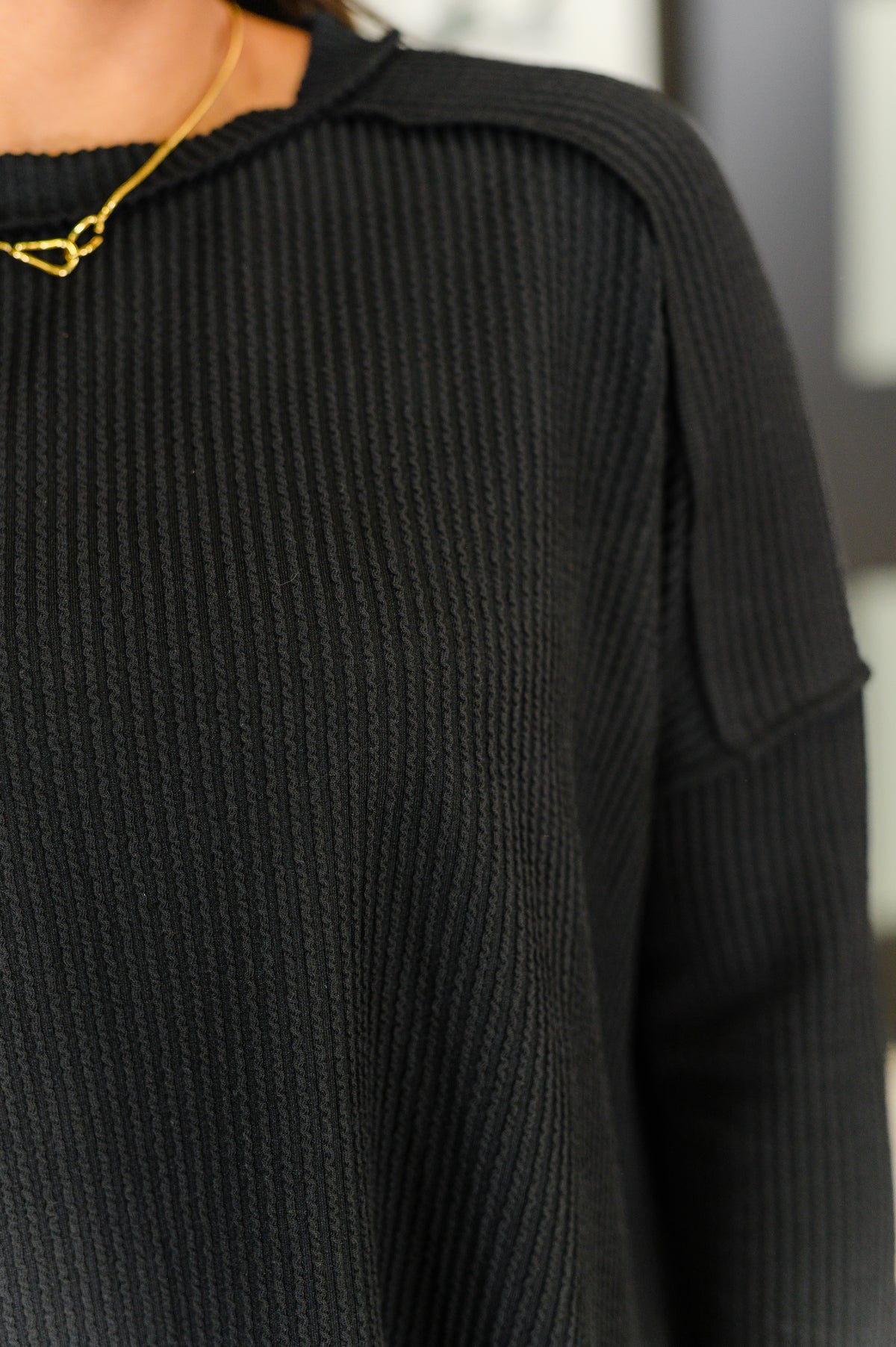 Wander & Rest Cable Ribbed Knit Drop Shoulder Top in Black - 8/6/2025
