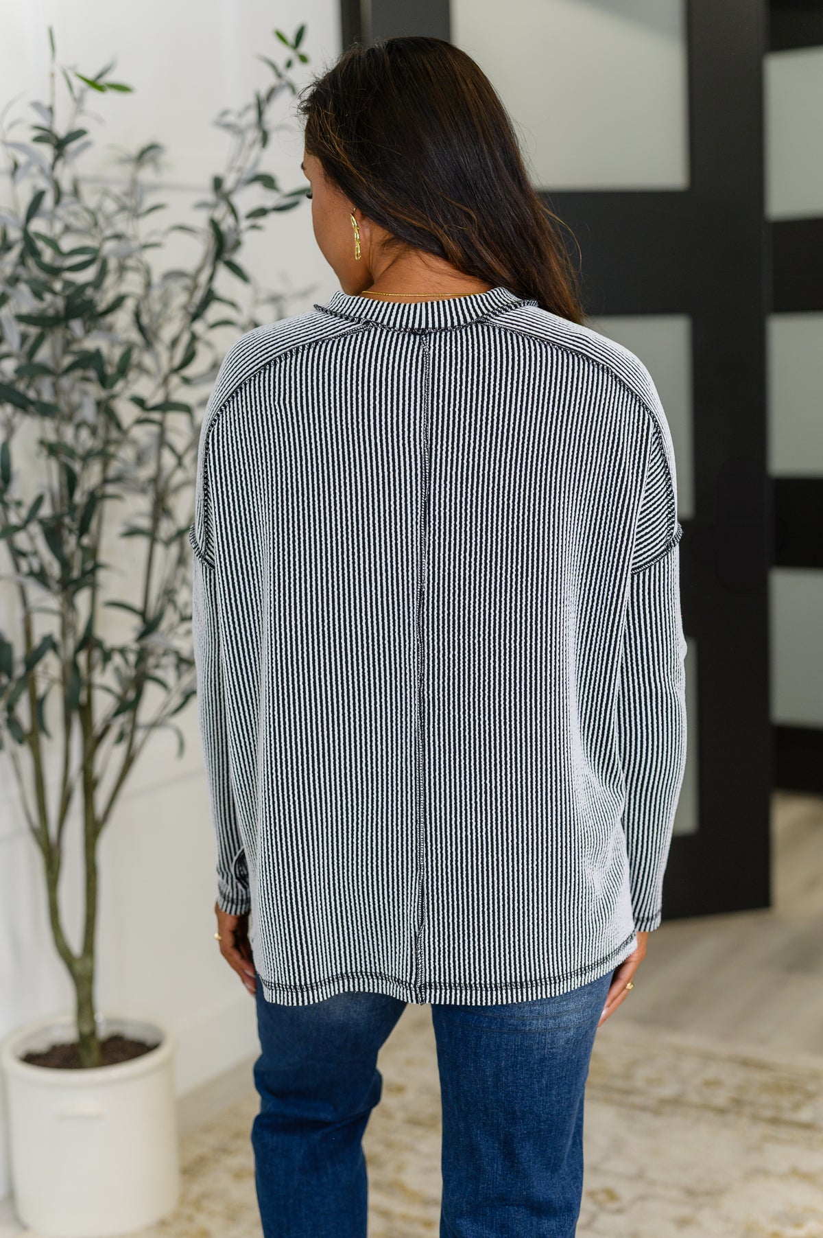 Wander & Rest Cable Ribbed Knit Drop Shoulder Top in Black/White - 8/6/2025