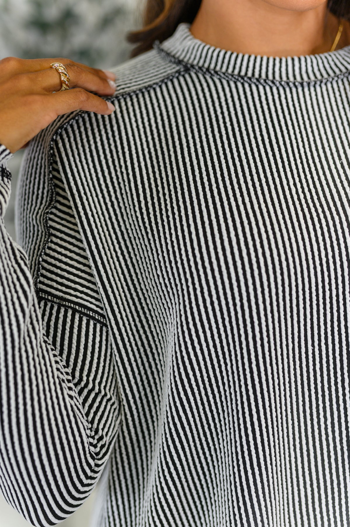 Wander & Rest Cable Ribbed Knit Drop Shoulder Top in Black/White - 8/6/2025