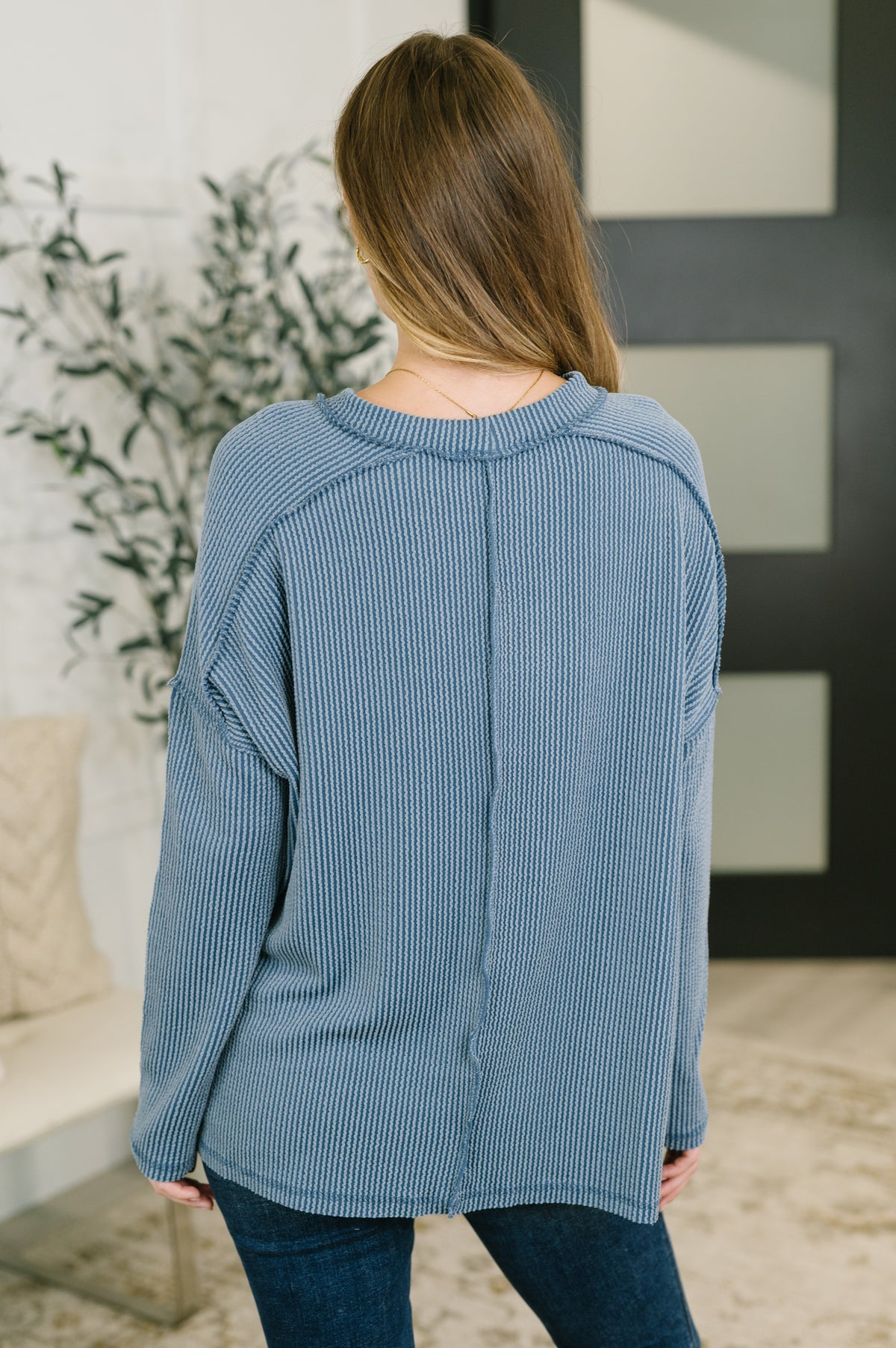 Wander & Rest Cable Ribbed Knit Drop Shoulder Top in Dusty Blue - 9/1/2026