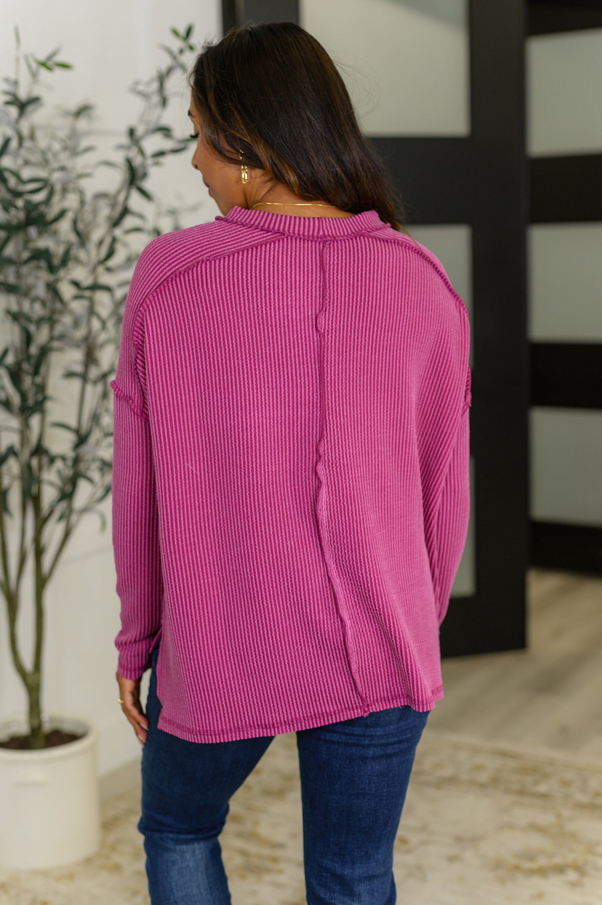 Wander & Rest Cable Ribbed Knit Drop Shoulder Top in Plum - 8/6/2025