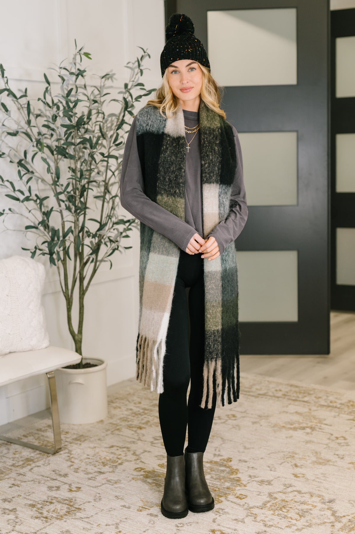 Wanderlust Wrap Oversized Plaid Fringe Scarf in Grey and Jade - 12/1/2025