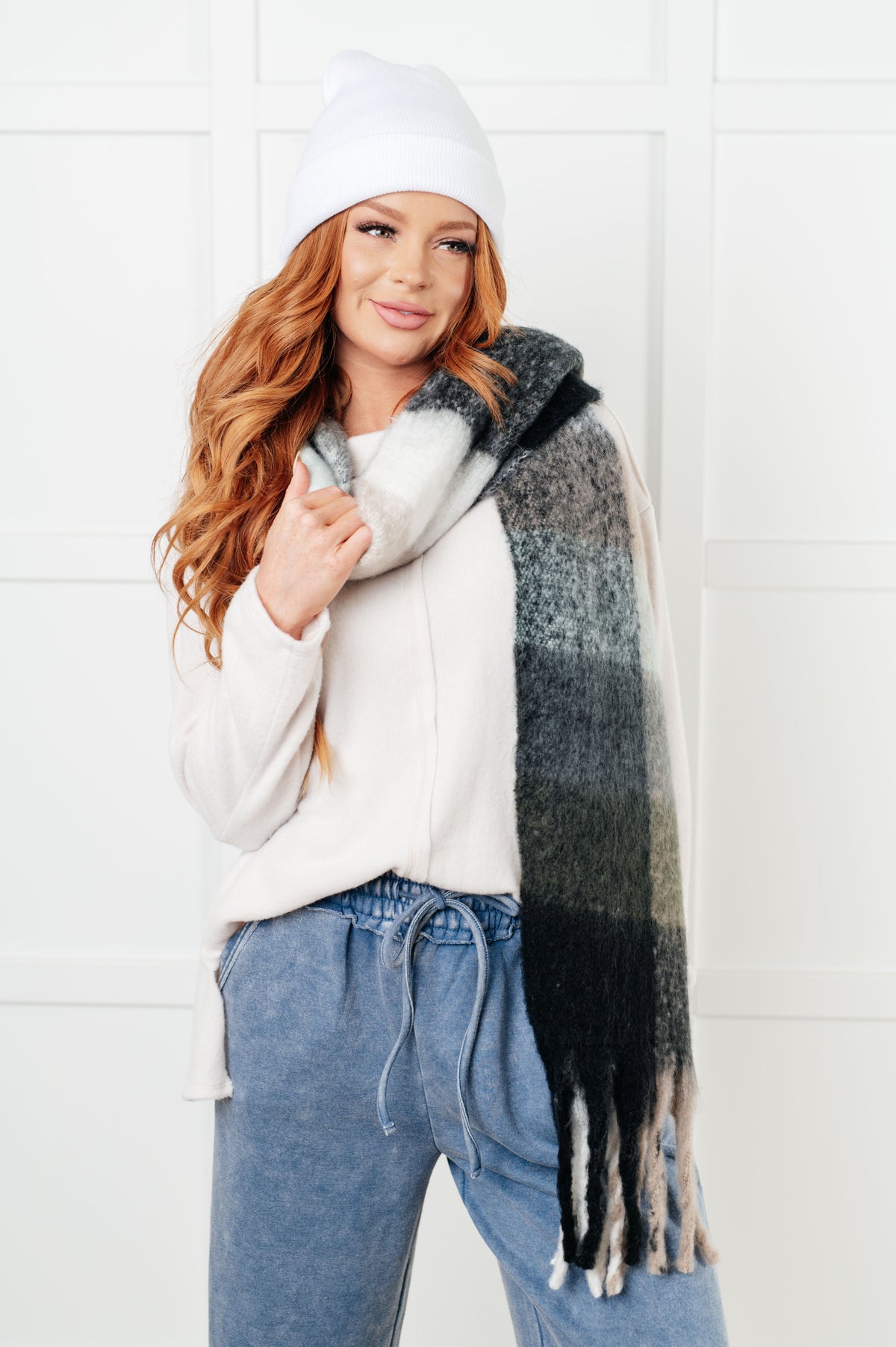 Wanderlust Wrap Oversized Plaid Fringe Scarf in Grey and Jade - 12/9/2024