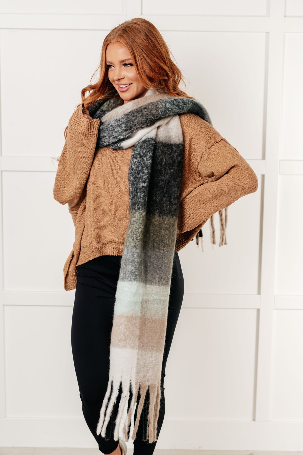 Wanderlust Wrap Oversized Plaid Fringe Scarf in Grey and Jade - 12/9/2024