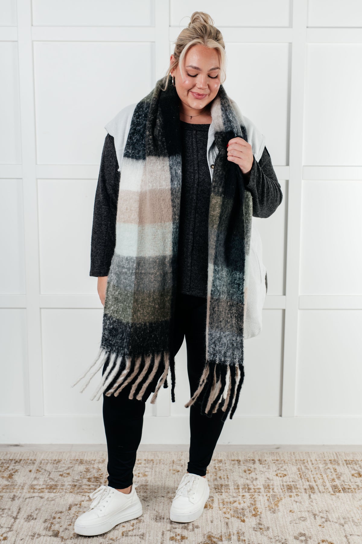 Wanderlust Wrap Oversized Plaid Fringe Scarf in Grey and Jade - 12/9/2024