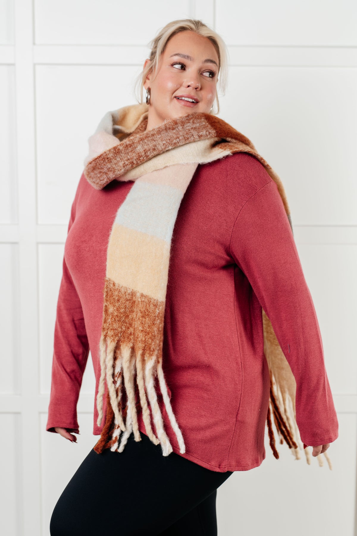 Wanderlust Wrap Oversized Plaid Fringe Scarf in Light Brown - 12/9/2024