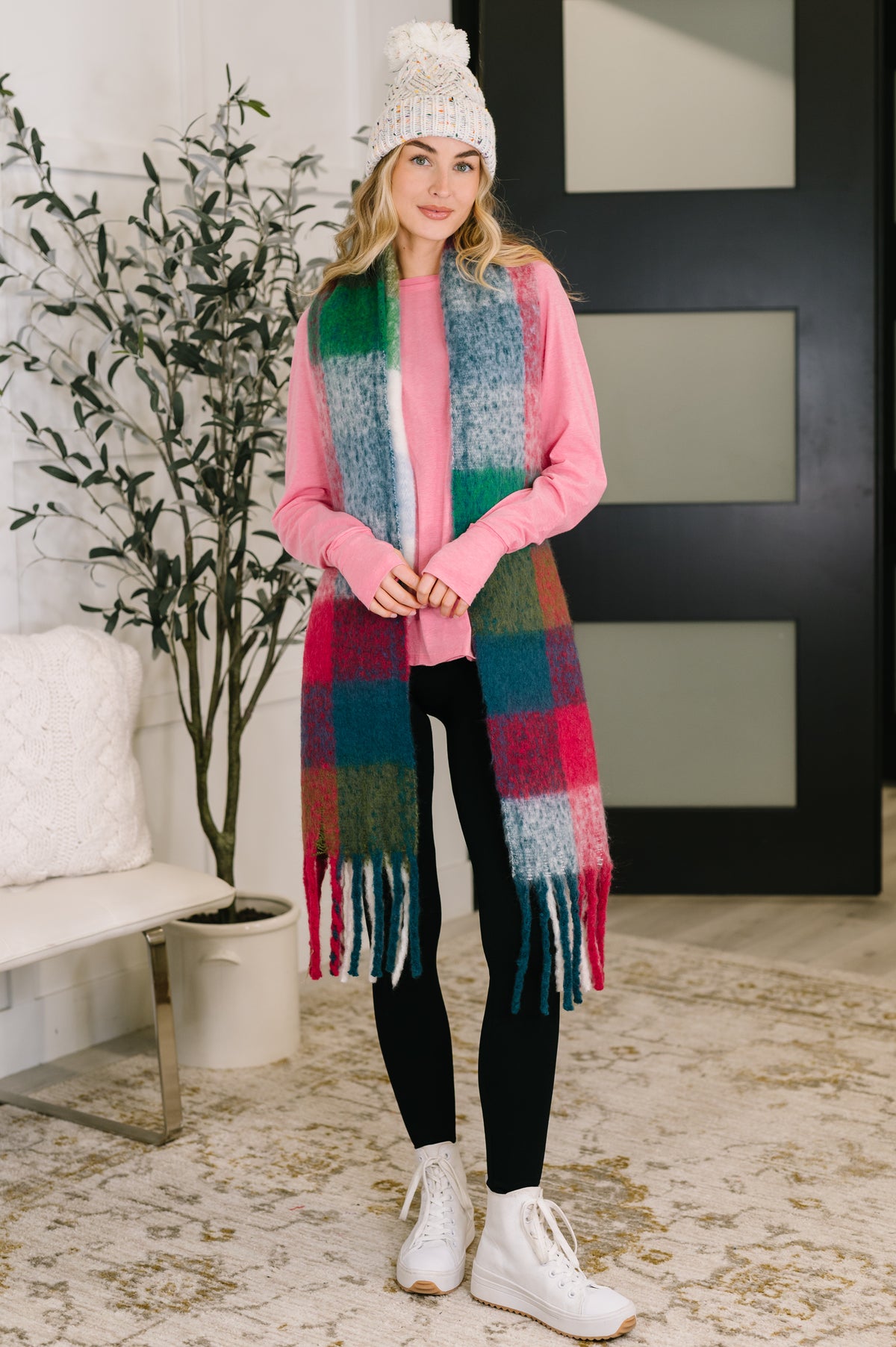 Wanderlust Wrap Oversized Plaid Fringe Scarf in Magenta and Teal - 12/1/2025