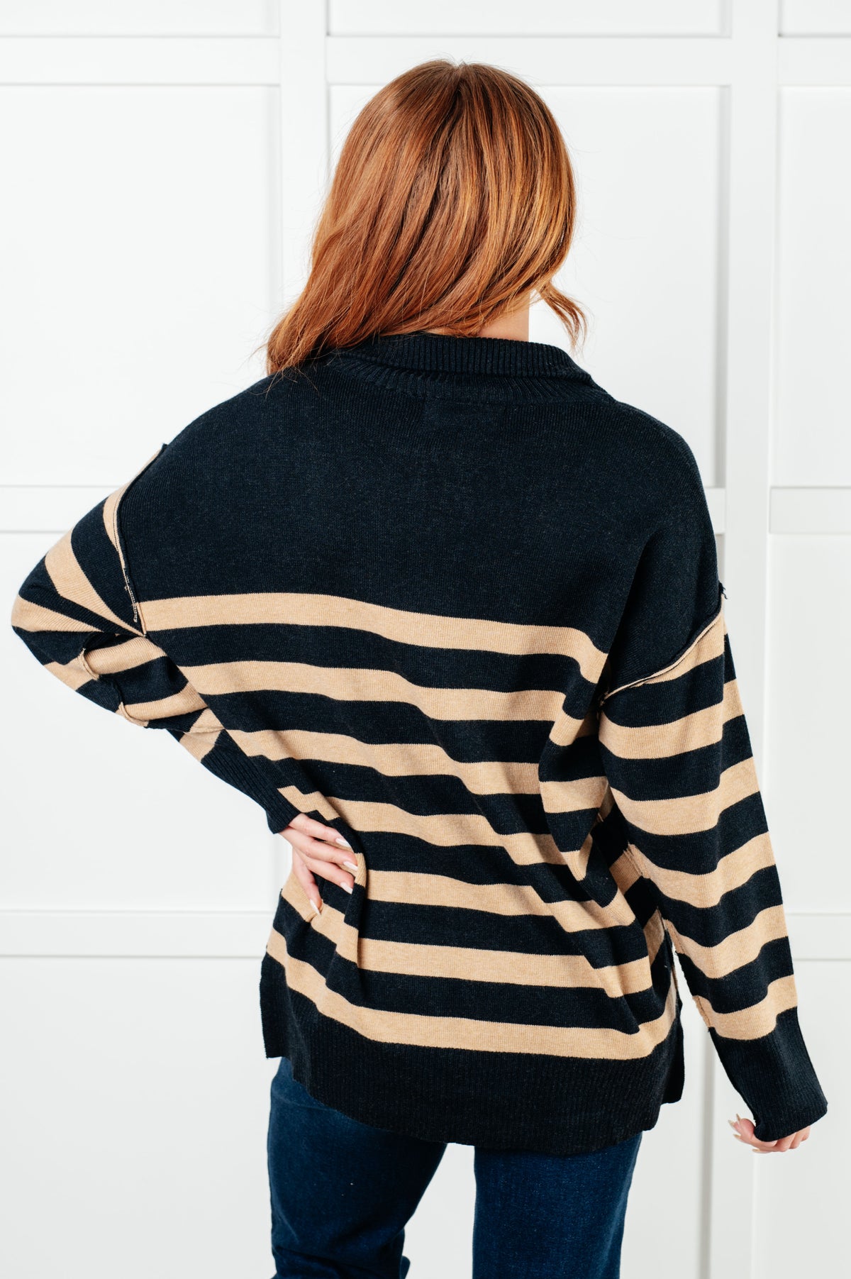 Well Situated Striped Quarter Zip Sweater in Black and Tan - 1/7/2025