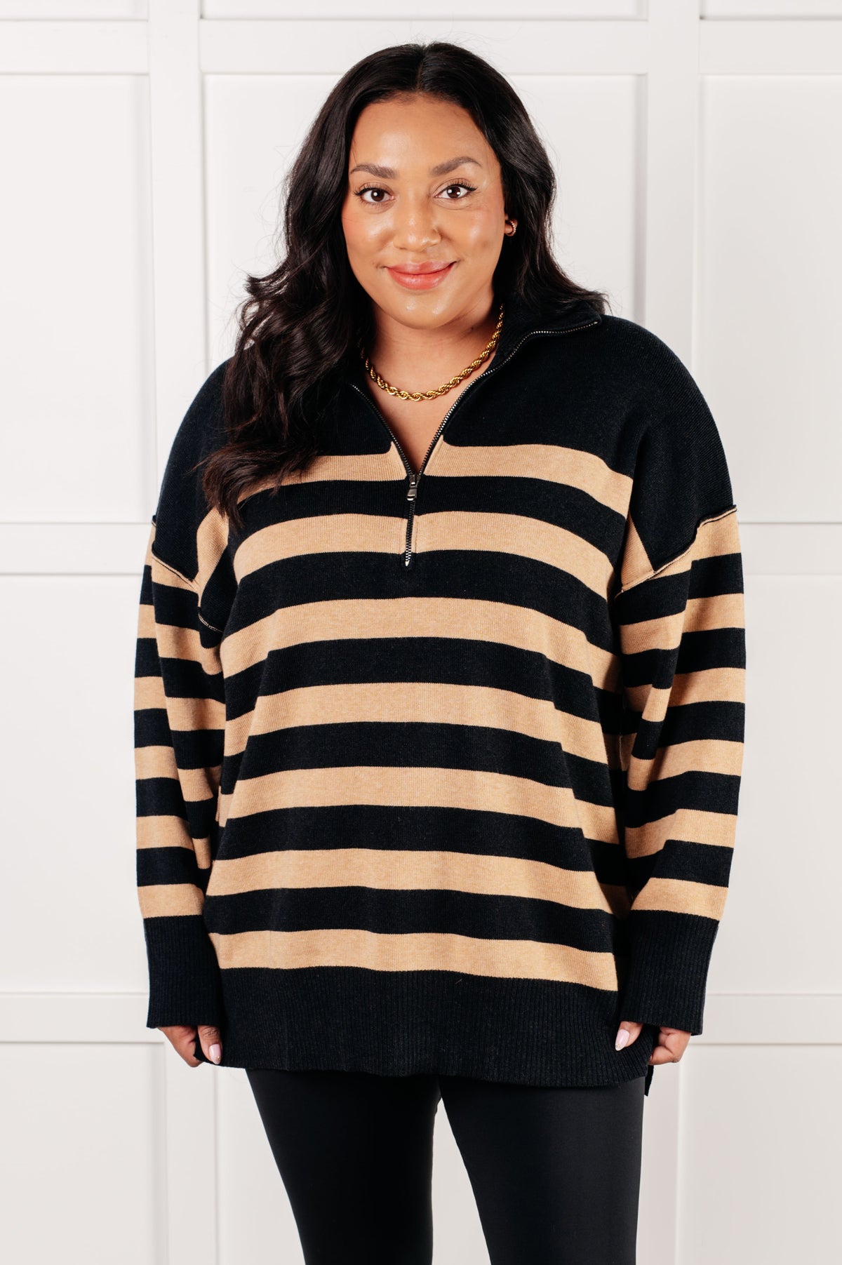 Well Situated Striped Quarter Zip Sweater in Black and Tan - 1/7/2025