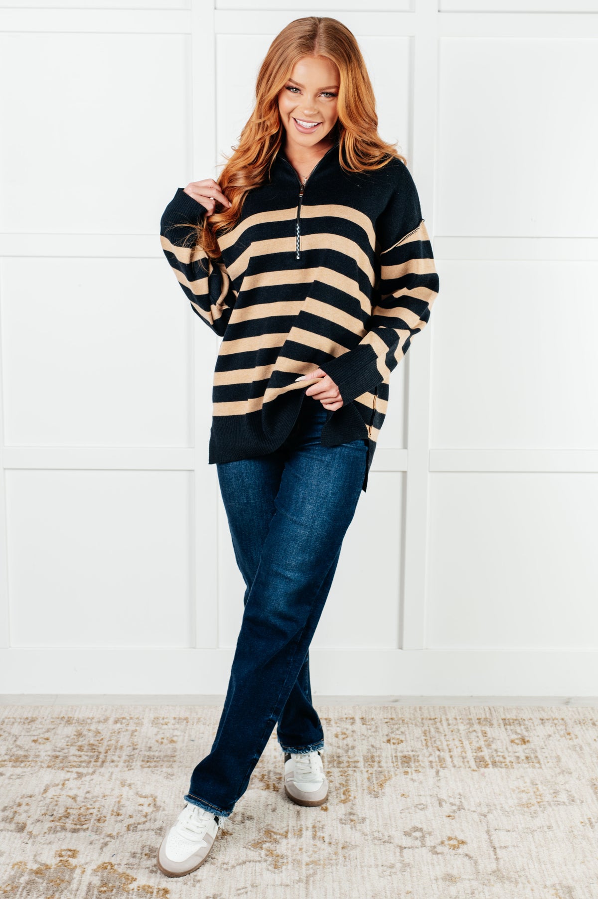 Well Situated Striped Quarter Zip Sweater in Black and Tan - 1/7/2025