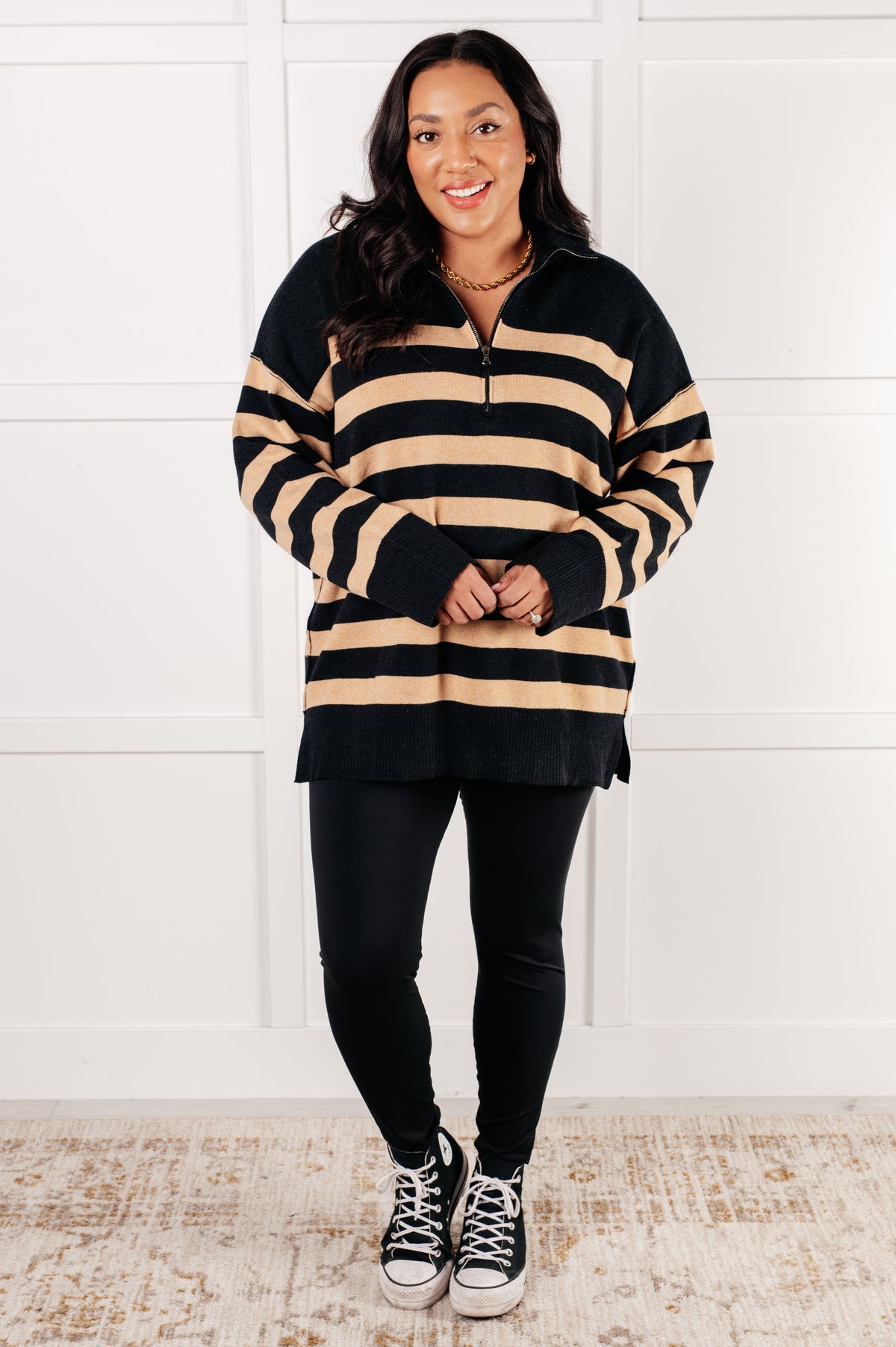 Well Situated Striped Quarter Zip Sweater in Black and Tan - 1/7/2025