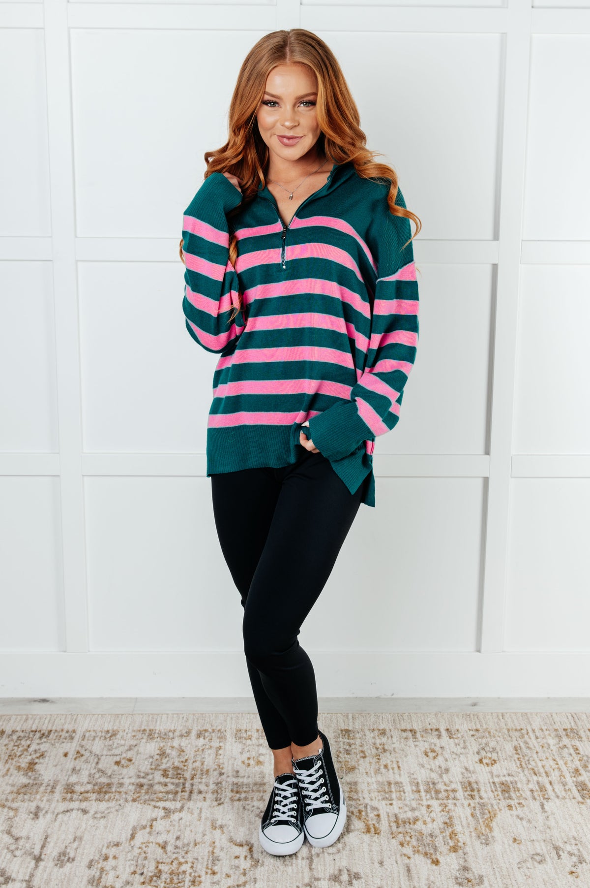 Well Situated Striped Quarter Zip Sweater in Green and Pink - 1/7/2025