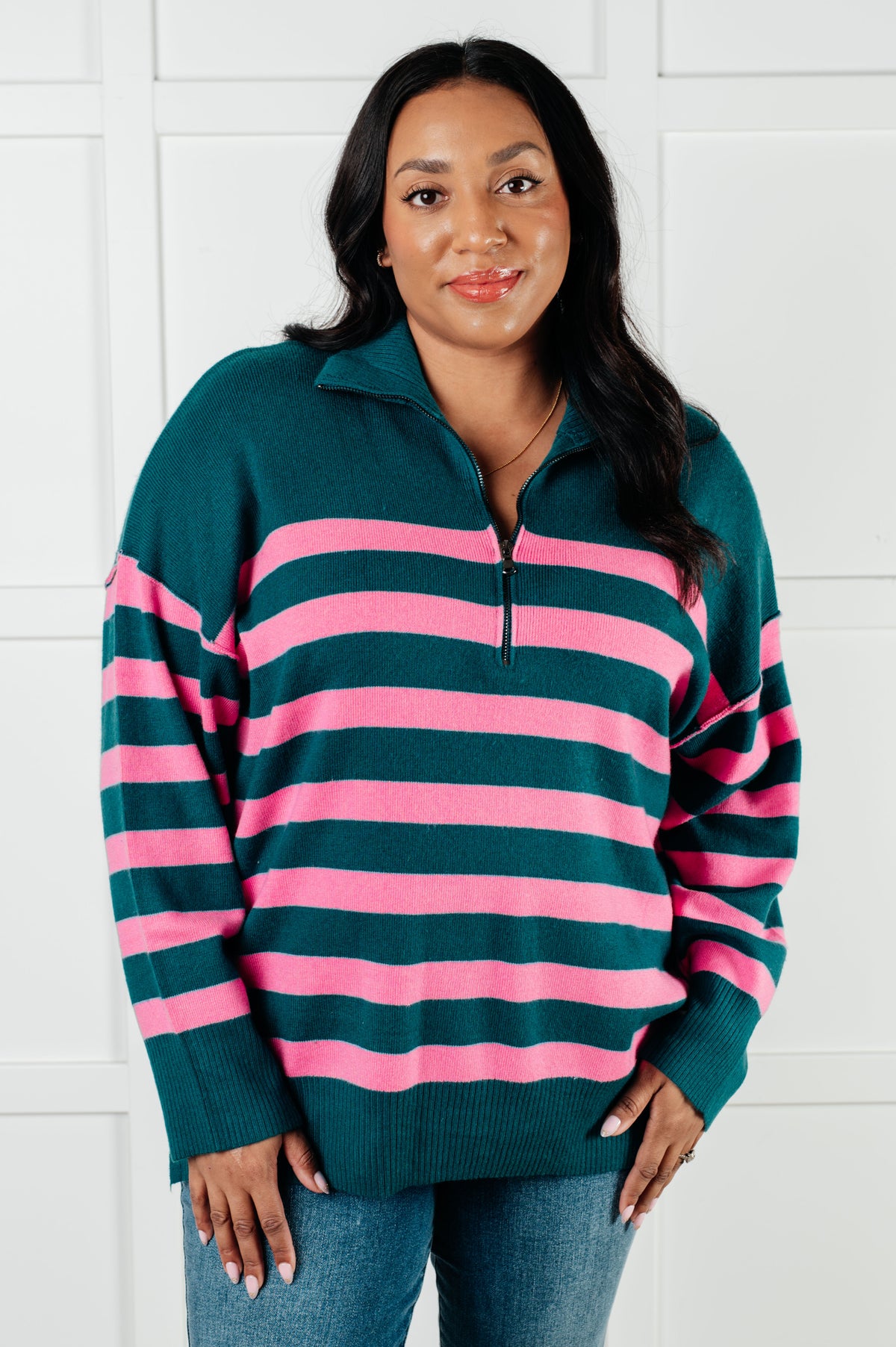 Well Situated Striped Quarter Zip Sweater in Green and Pink - 1/7/2025