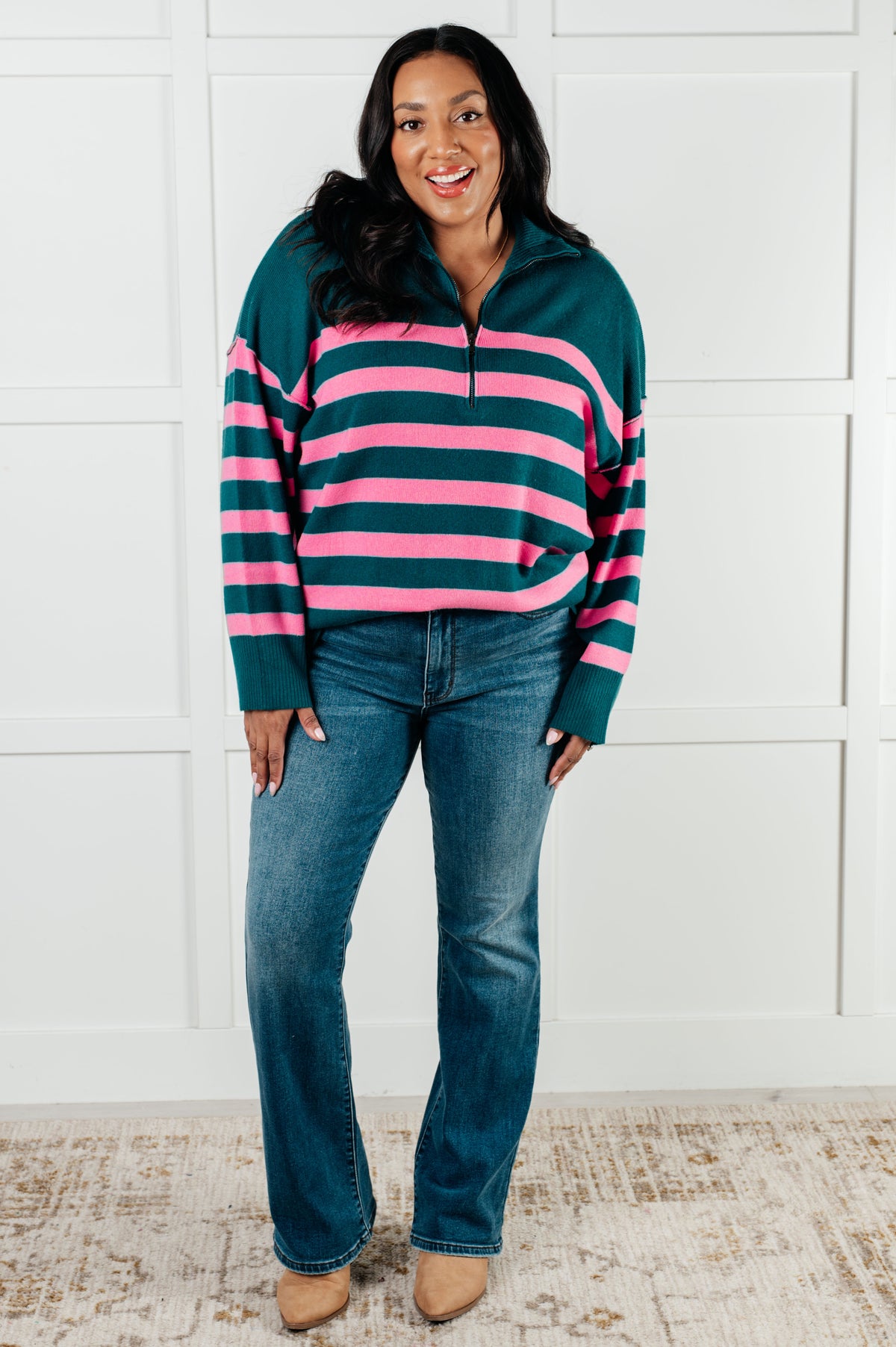 Well Situated Striped Quarter Zip Sweater in Green and Pink - 1/7/2025