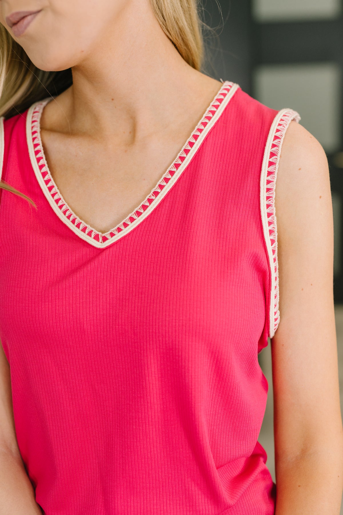 Whisper Trim Detailed V-Neck Tank in Hot Pink - 4/7/2026 NEW