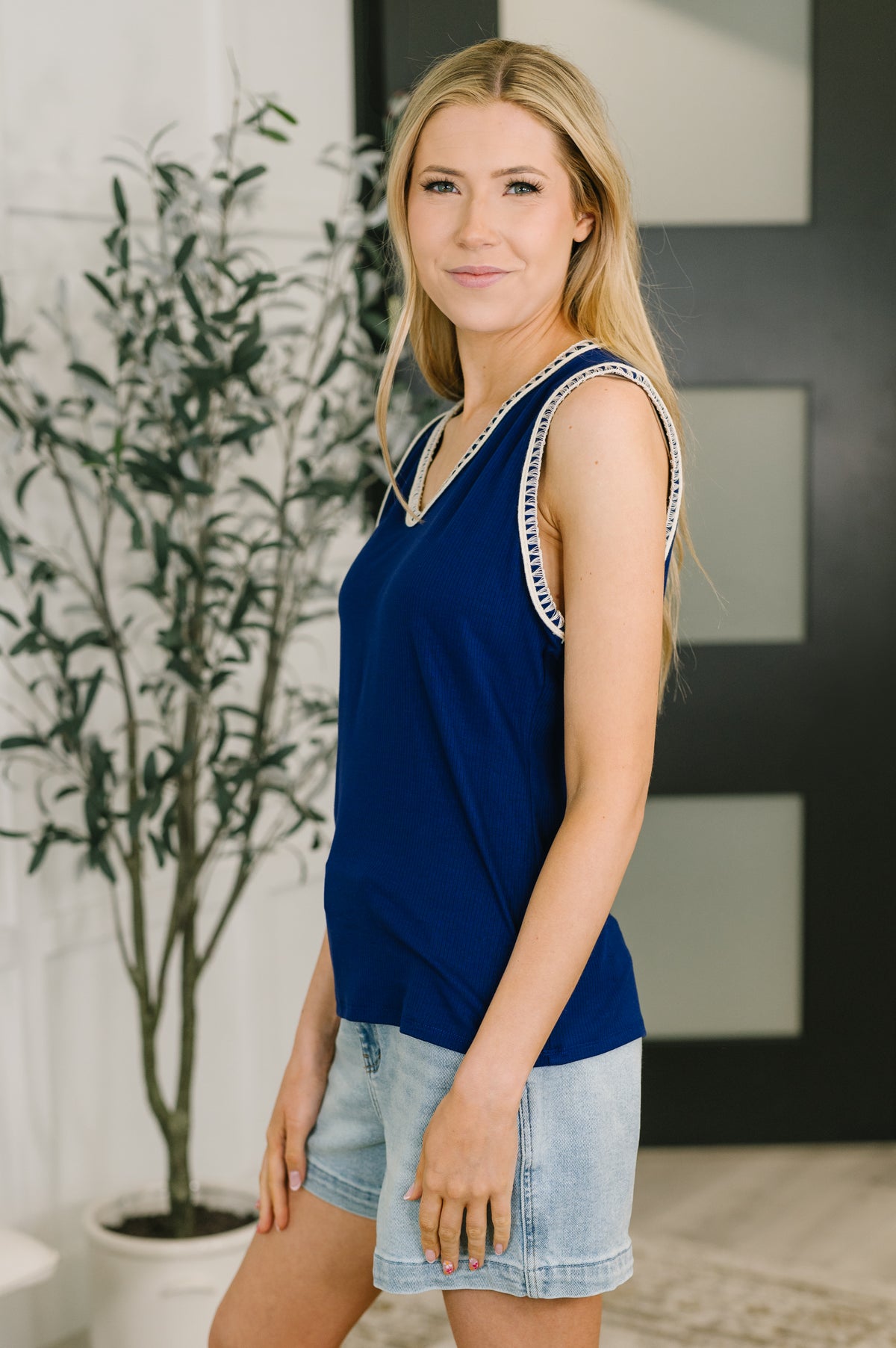 Whisper Trim Detailed V-Neck Tank in Navy - 4/7/2026 NEW