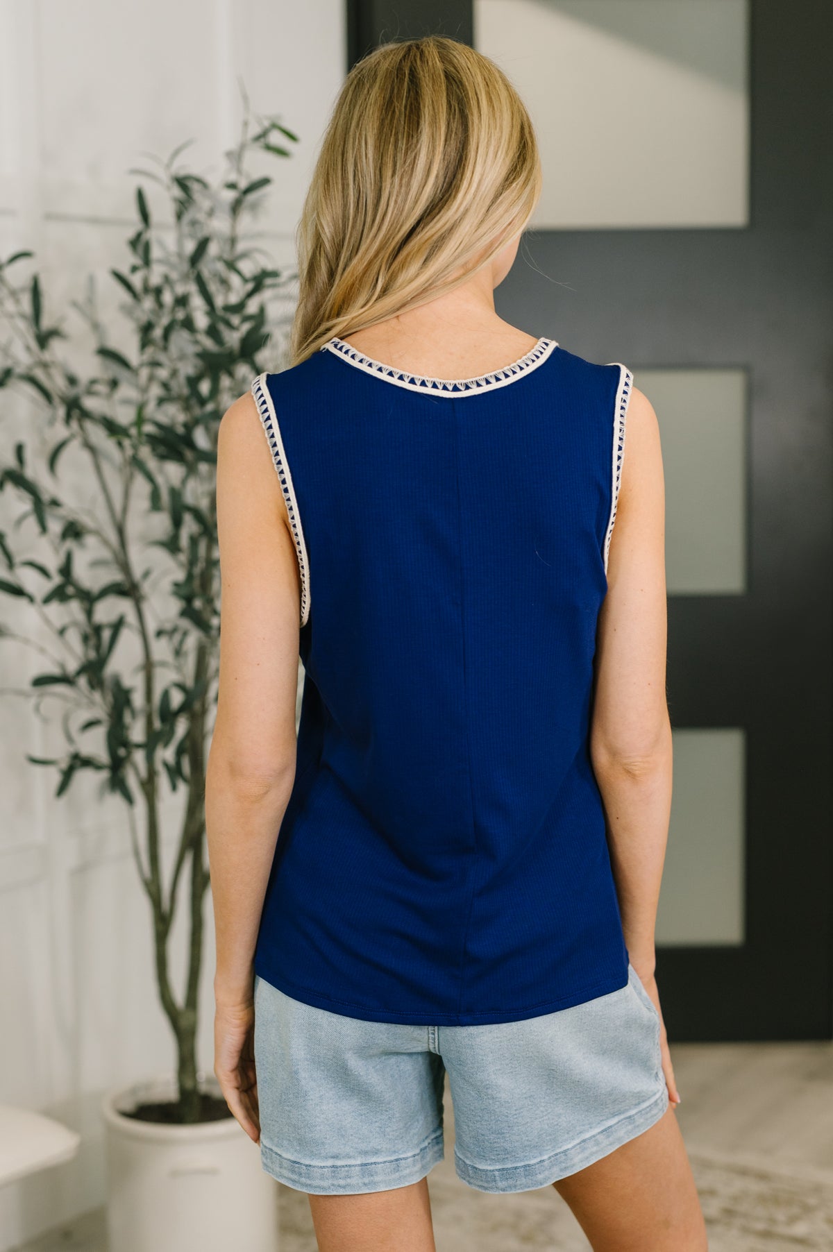 Whisper Trim Detailed V-Neck Tank in Navy - 4/7/2026 NEW