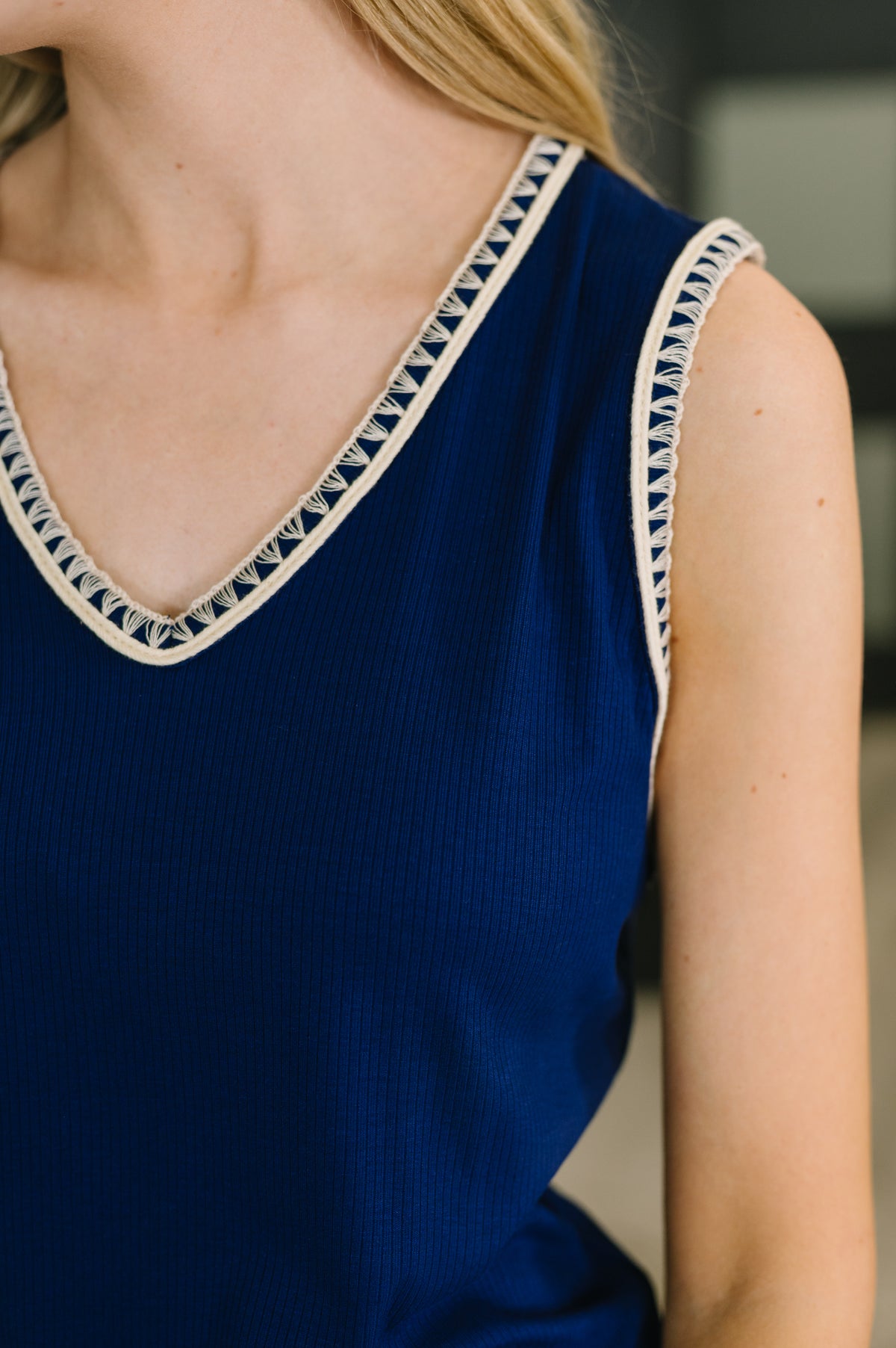 Whisper Trim Detailed V-Neck Tank in Navy - 4/7/2026 NEW