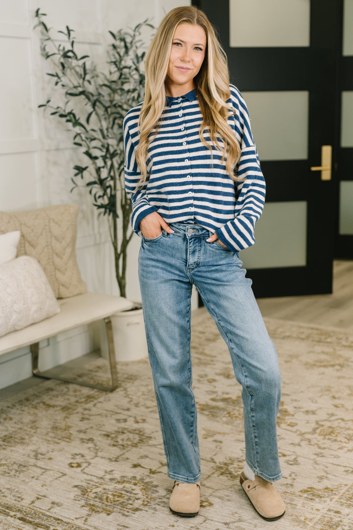 Won't Be Long Collared Sweater Button Down in Navy - 9/18/2026
