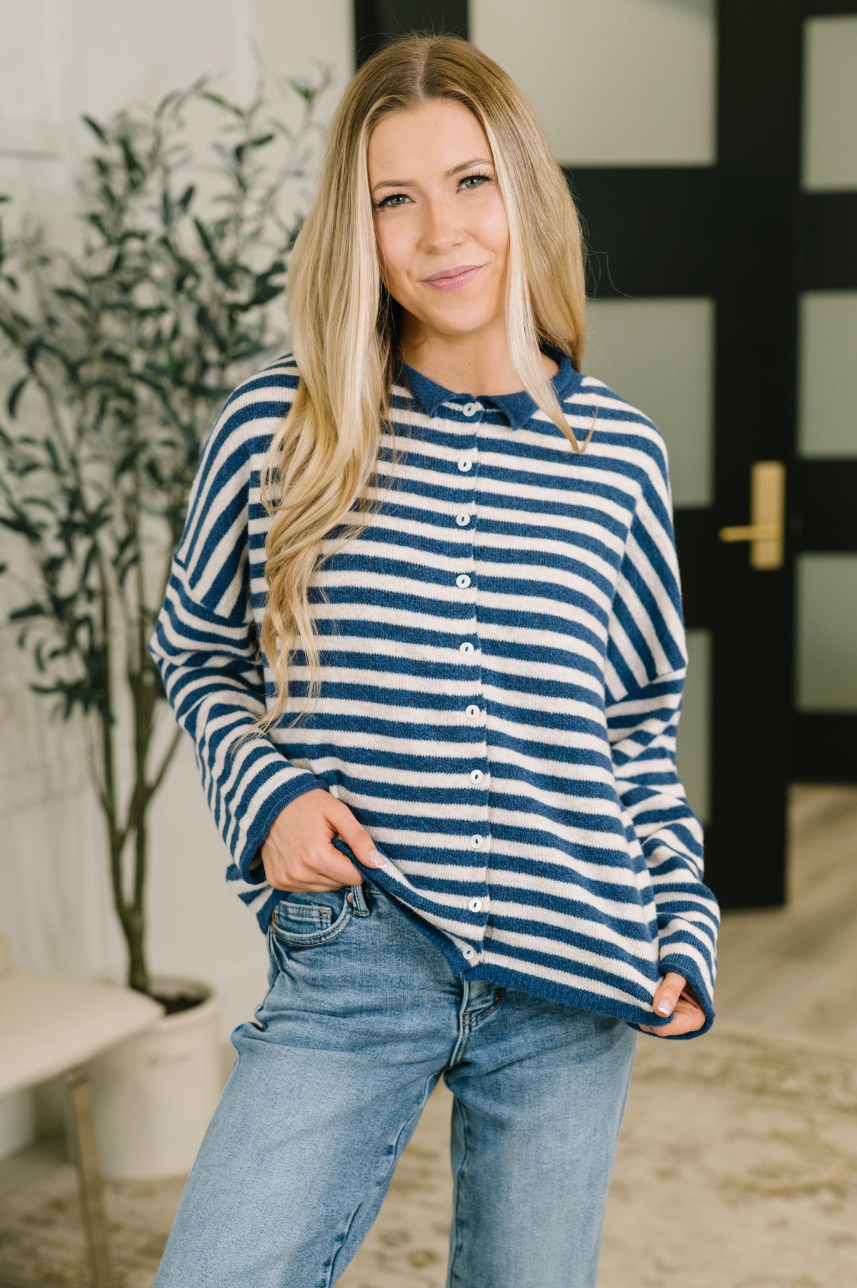 Won't Be Long Collared Sweater Button Down in Navy - 9/18/2026