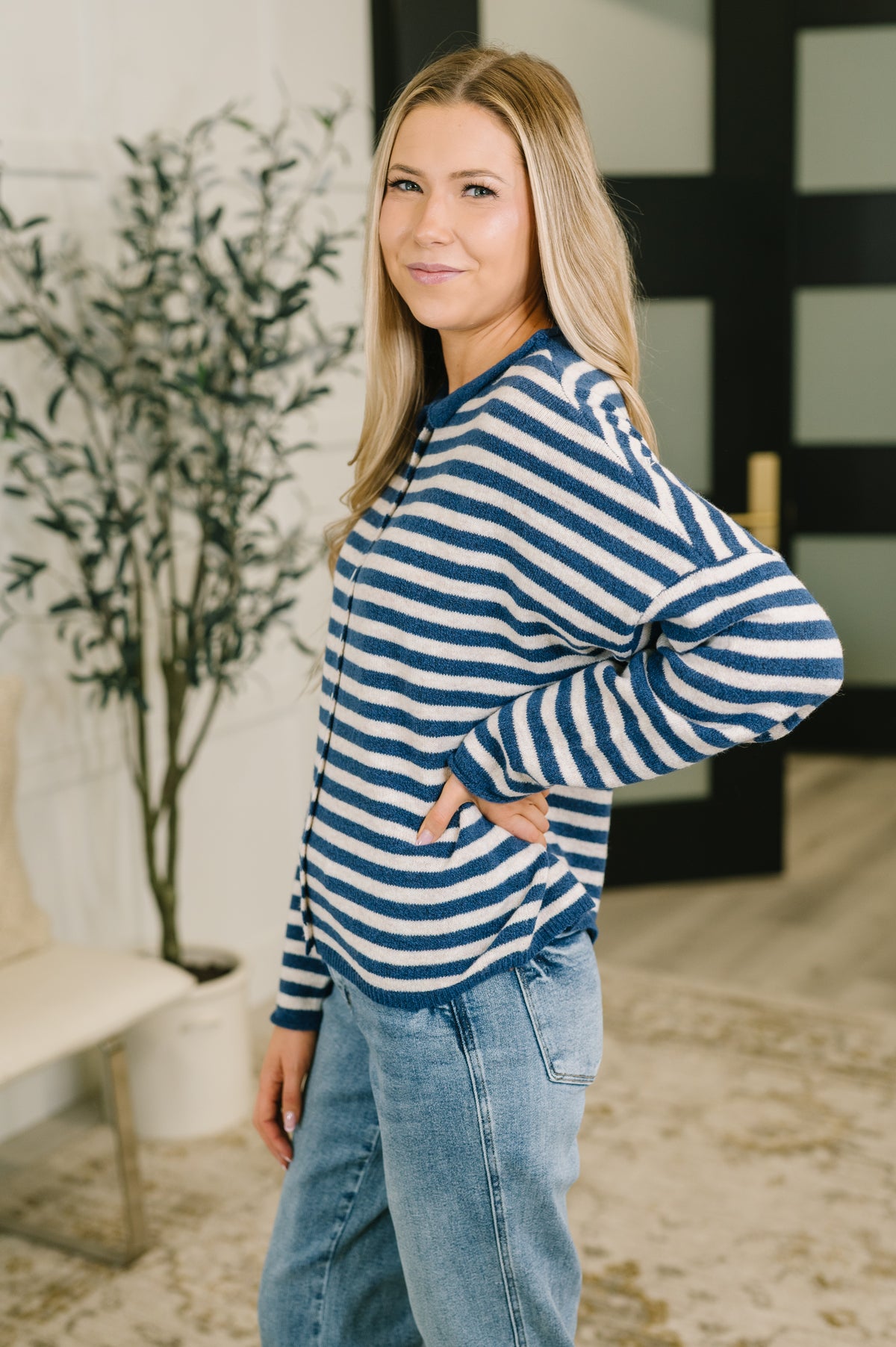 Won't Be Long Collared Sweater Button Down in Navy - 9/18/2026