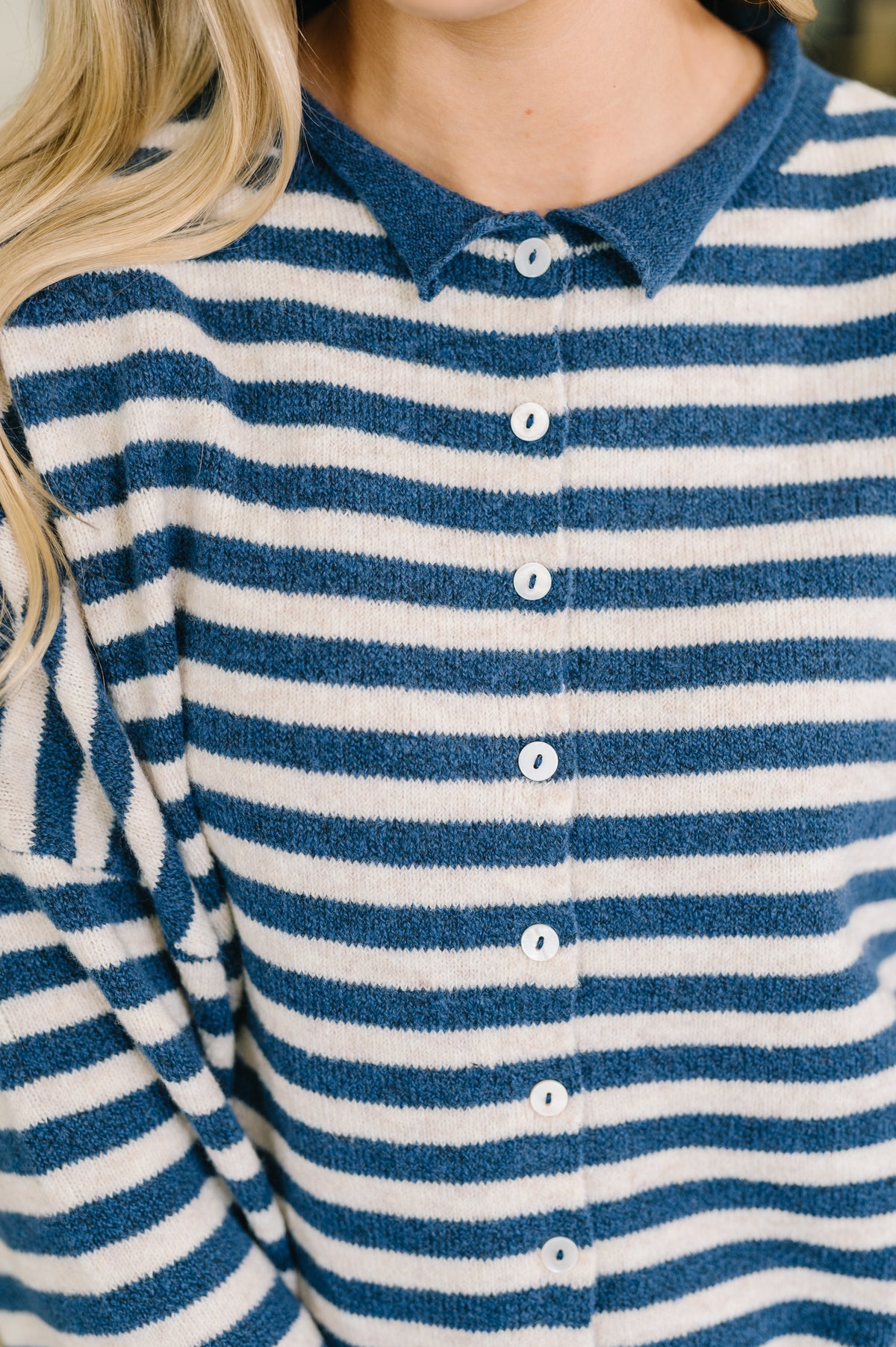 Won't Be Long Collared Sweater Button Down in Navy - 9/18/2026