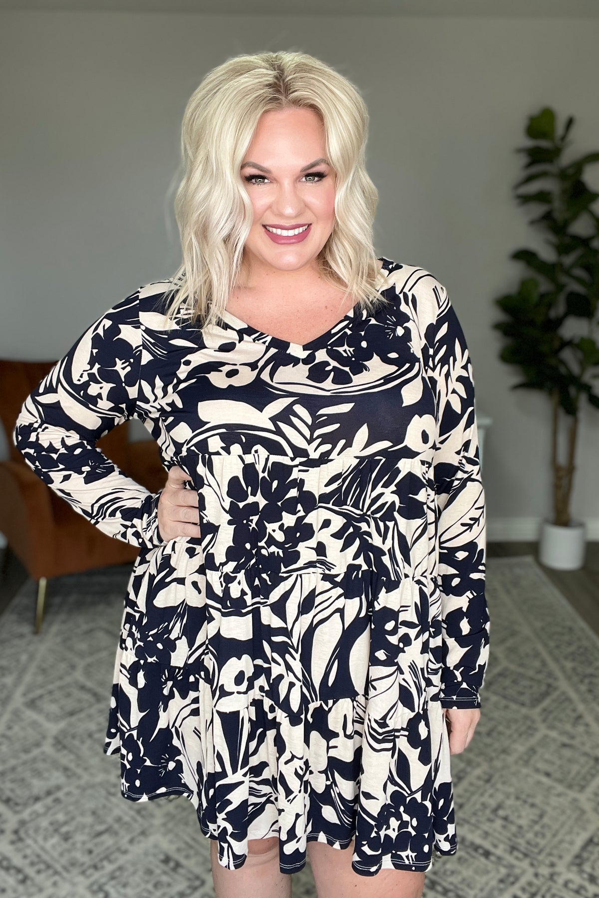 Worthwhile Moment Floral Tiered Dress in Oatmeal and Navy - 6/14/2023