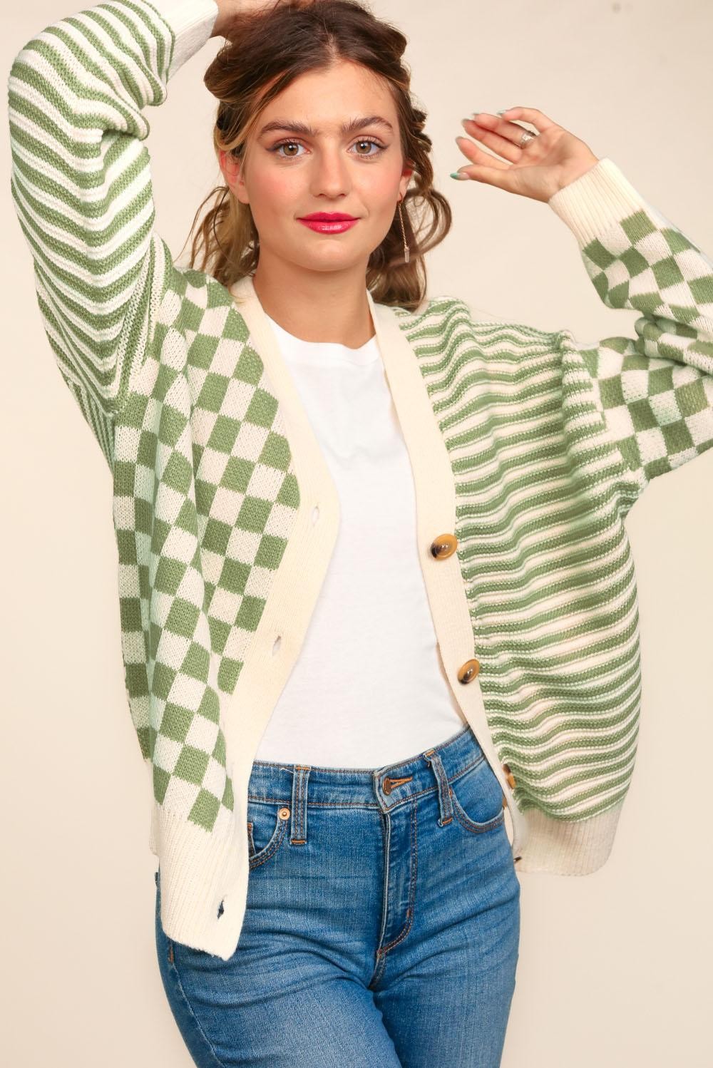 FLEX: Button Down Checker Stripe Sweater Cardigan - 6/5/2024