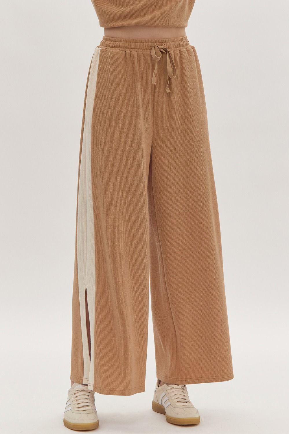 Solid Ribbed Contrast Trim Wide Leg Pants in Camel