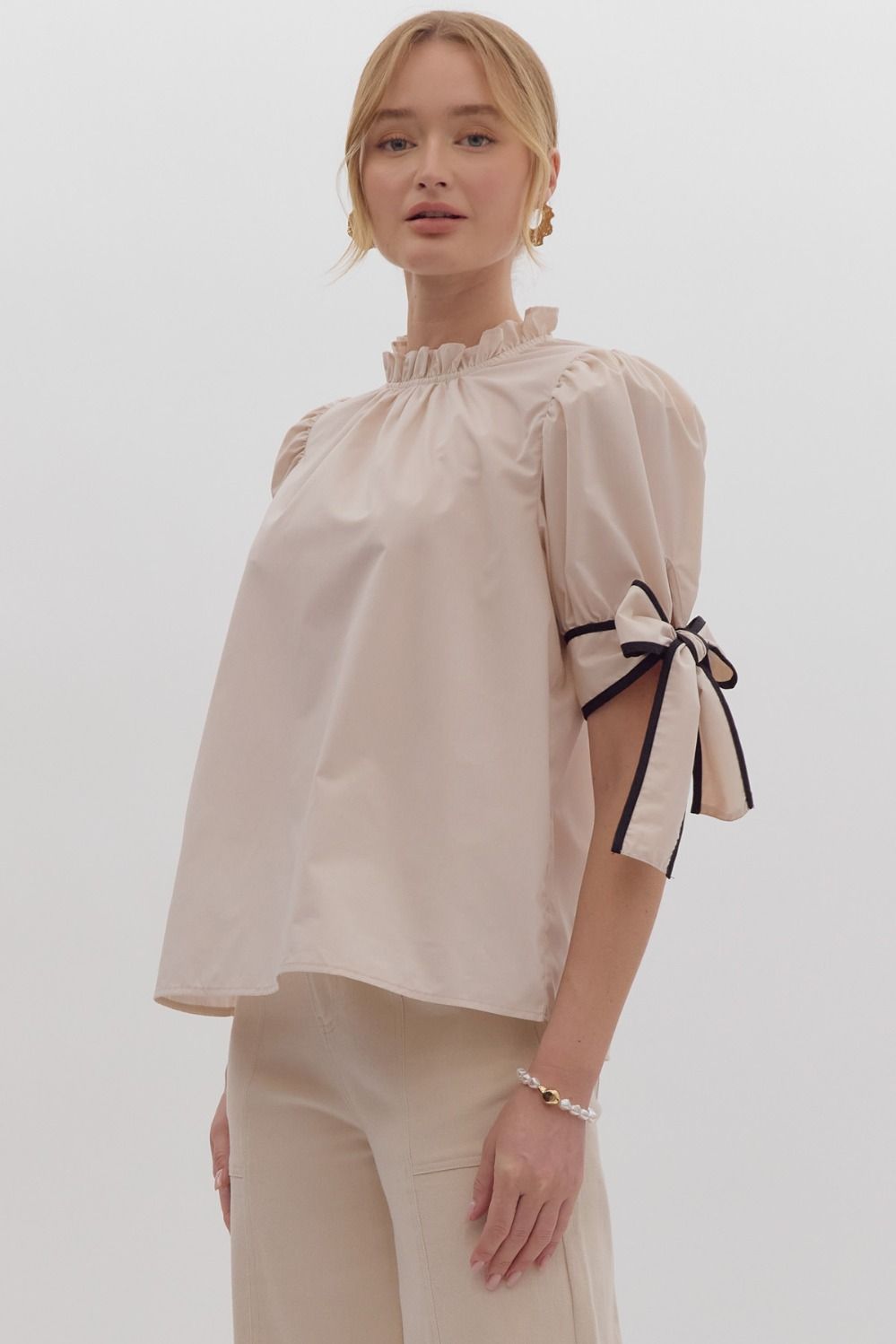 Solid Bow Tie Sleeve Blouse in Ecru