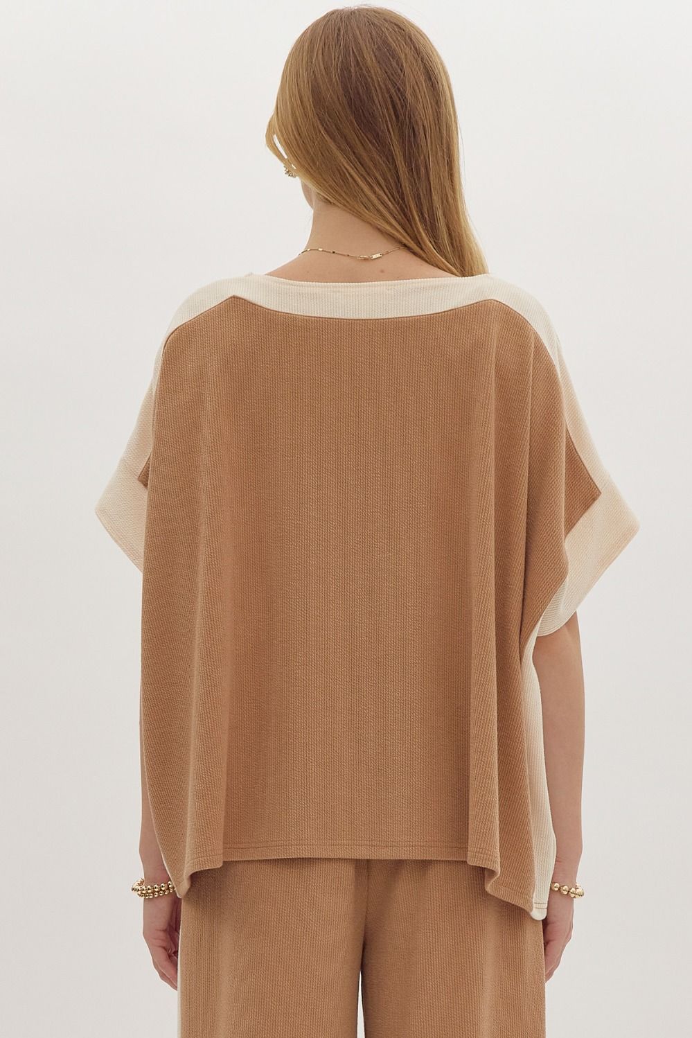 Solid Ribbed Contrast Trim Boatneck Top in Camel