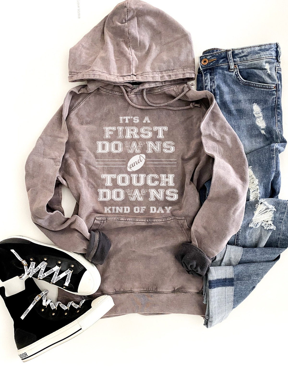 PREORDER: First Downs and Touchdowns Vintage Wash Hoodie In Assorted Colors