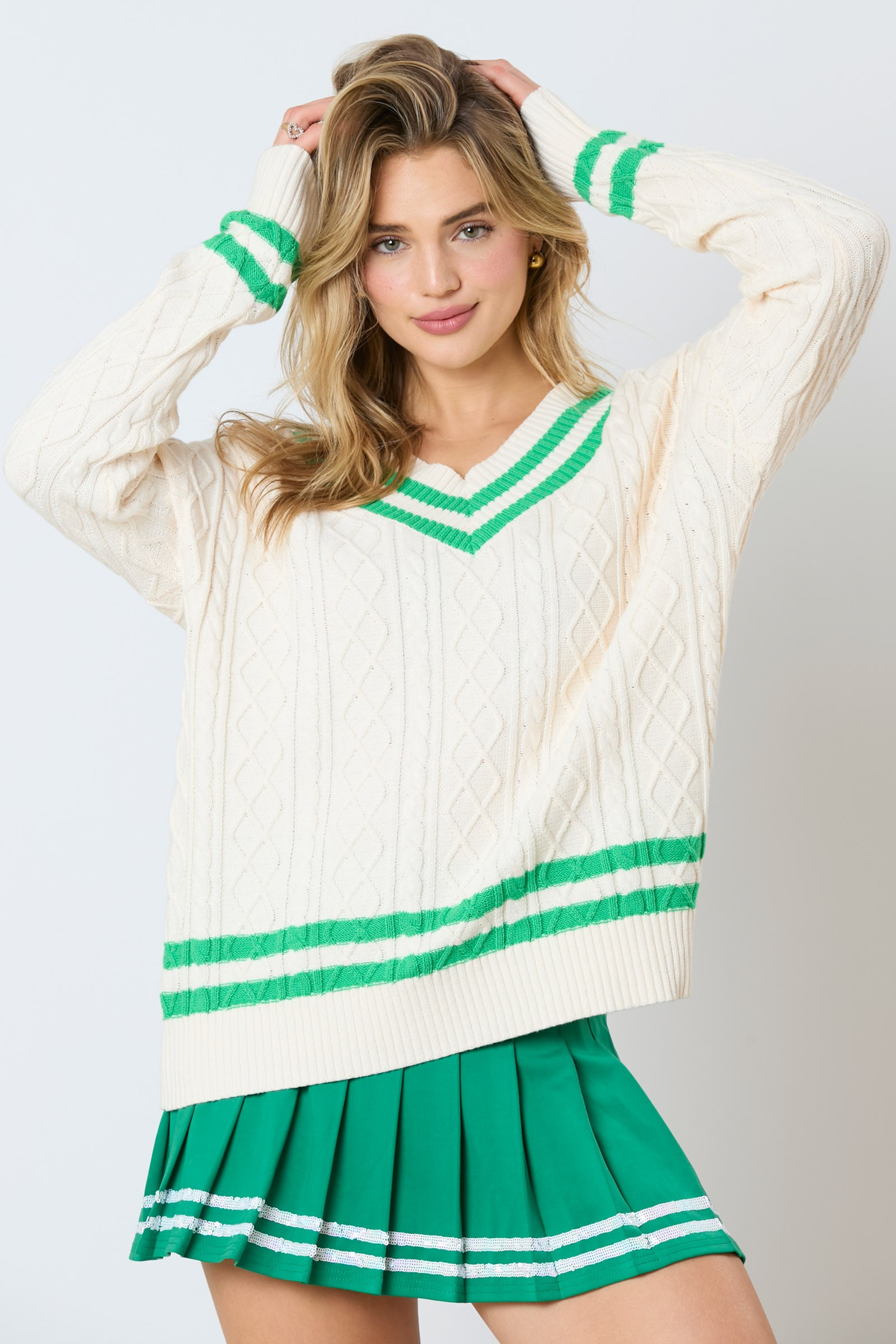 Varsity V-Neck Cable Sweater