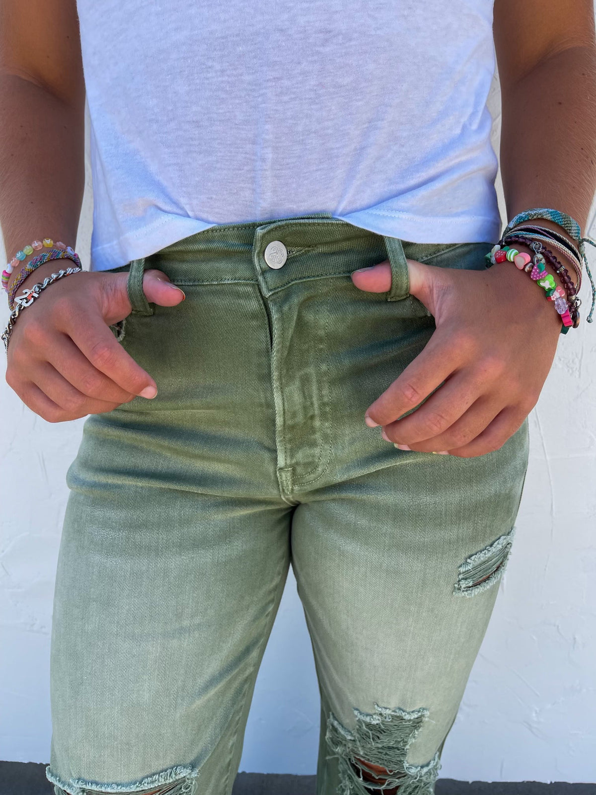 Blakeley Distressed Jeans In Olive and Camel - RTS