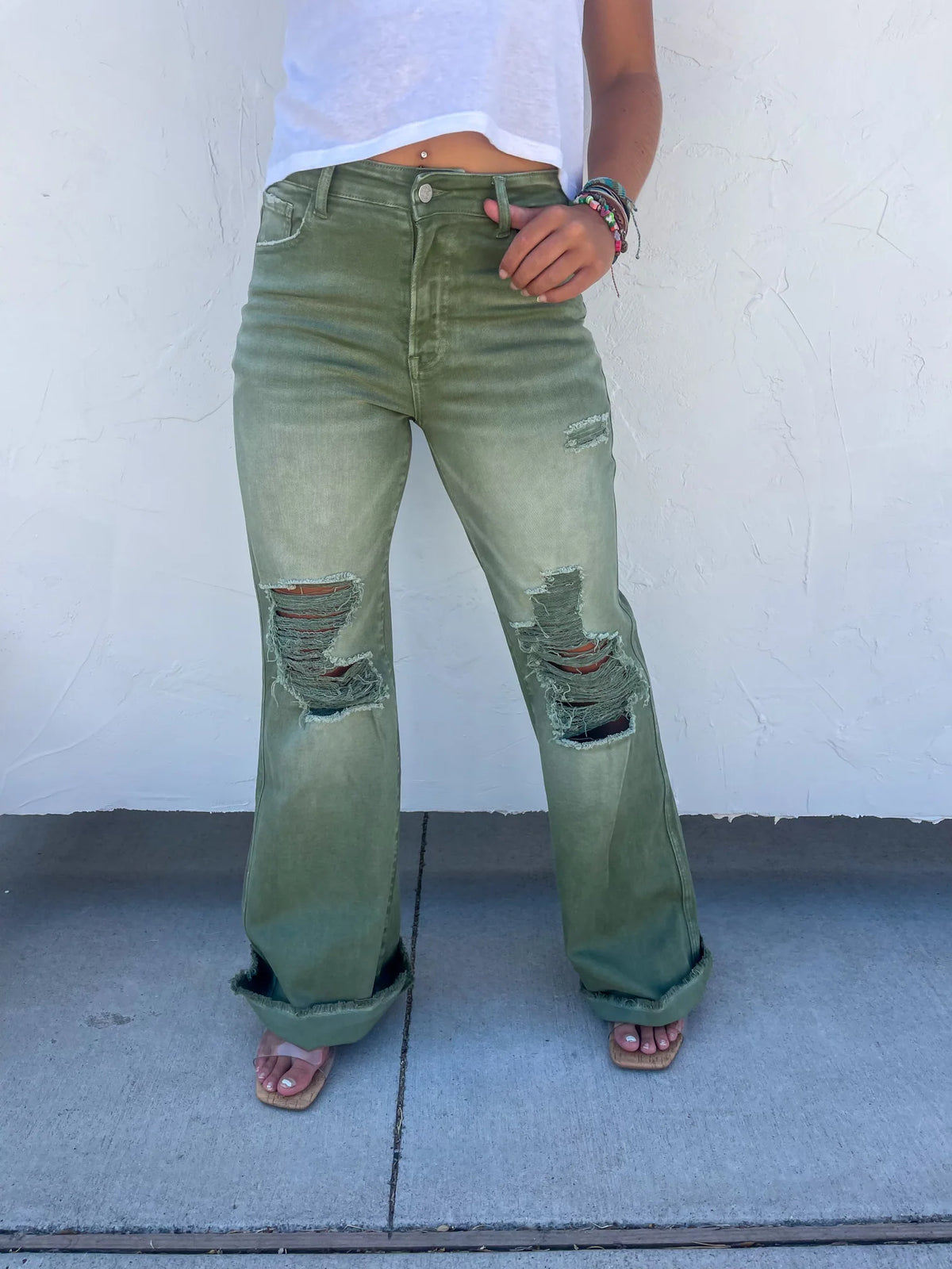 Blakeley Distressed Jeans In Olive and Camel - RTS