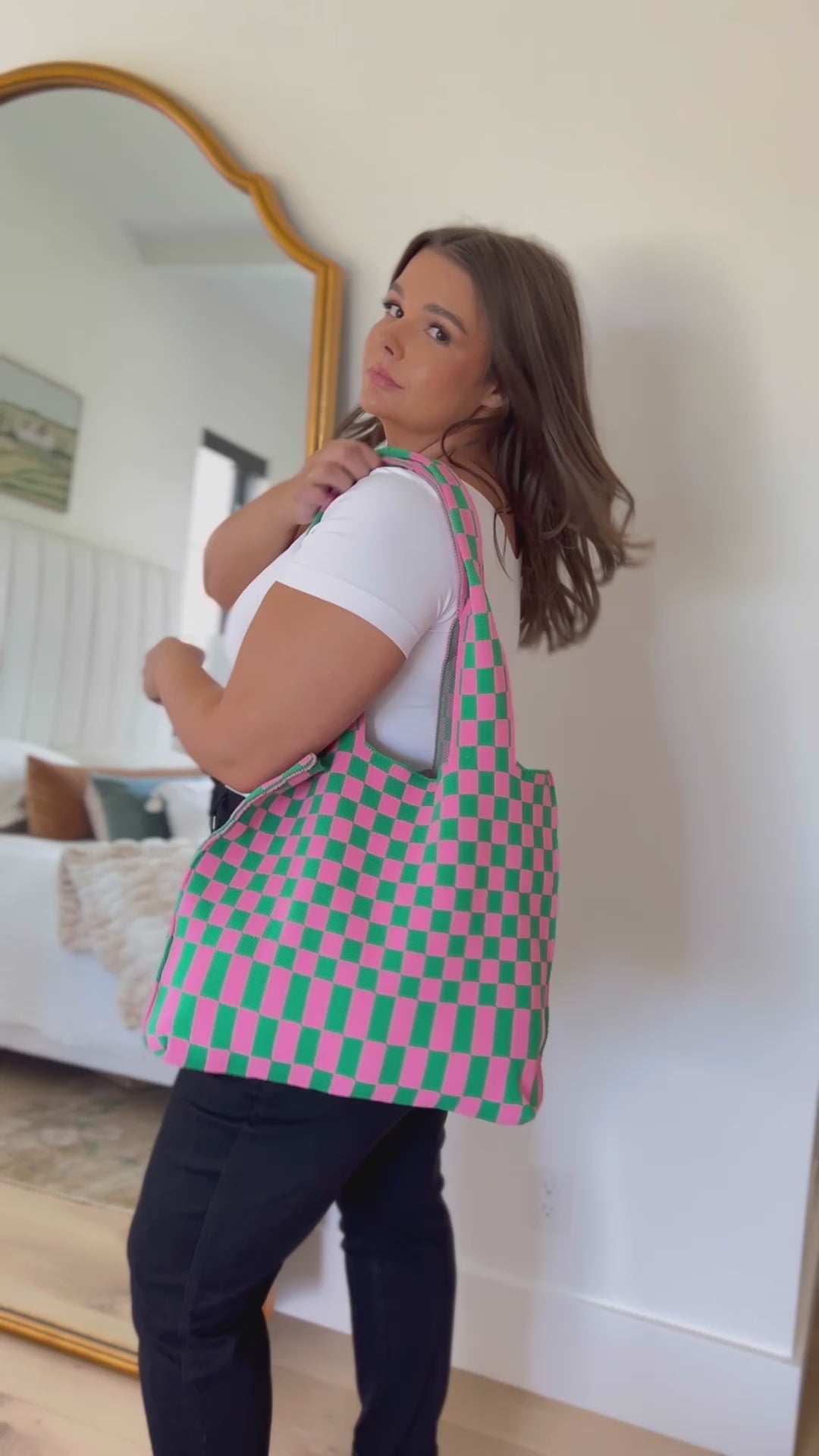 Checkerboard Lazy Wind Big Bag in Pink & Green - 8/31/2023