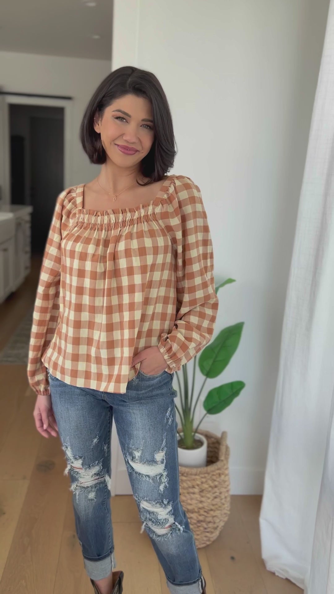 One Fine Afternoon Gingham Plaid Top In Caramel - 11/8/2022
