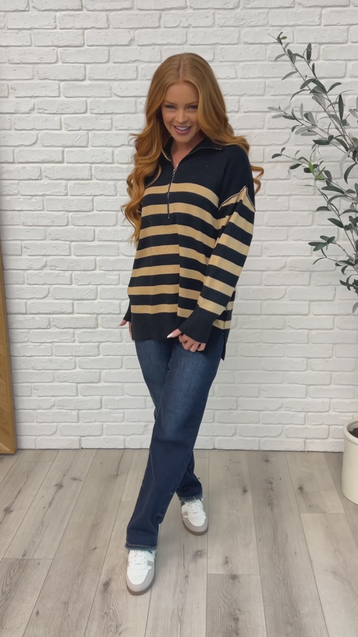 Well Situated Striped Quarter Zip Sweater in Black and Tan - 1/7/2025