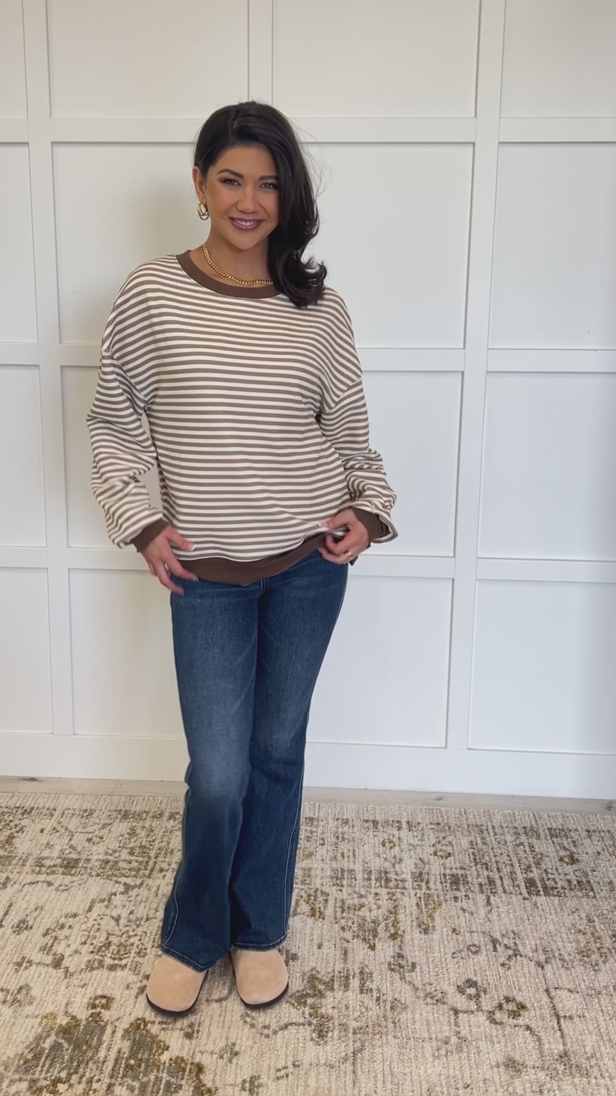 Too Good to be True Striped Drop Shoulder Top in Brown - 11/29/2024