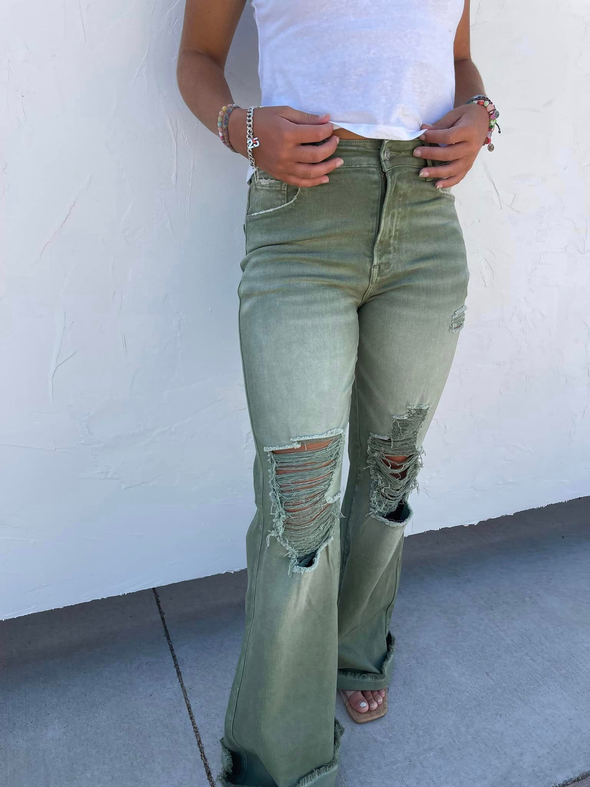 Blakeley Distressed Jeans In Olive and Camel - RTS