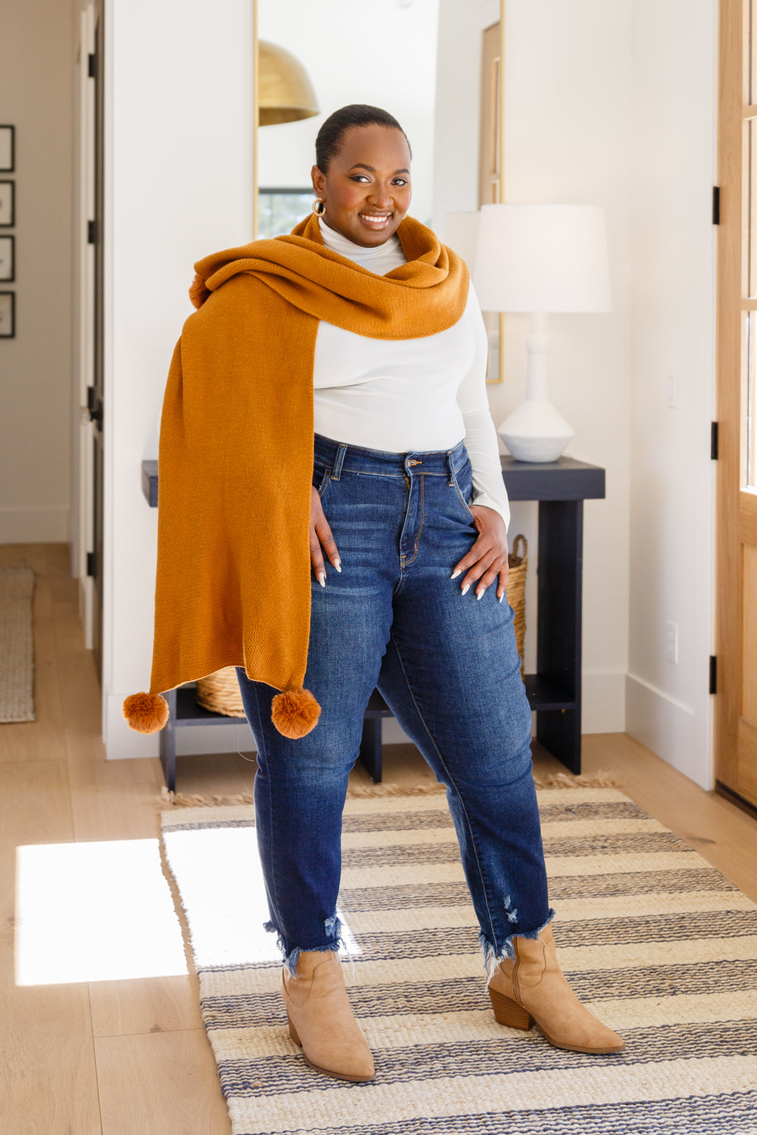 Knitted Fuzzy Pom Pom Scarf In Ginger - 11/1/2022
