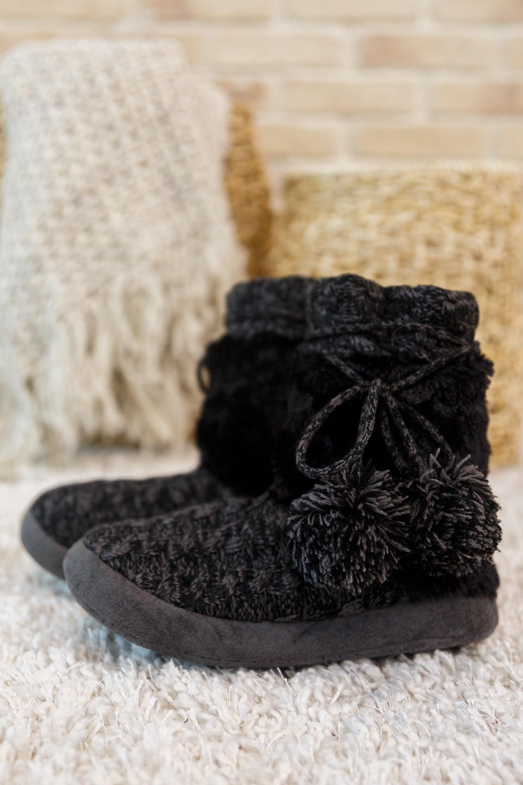 Cable Knit Slipper Boots With Pompom Trim - 11/25/2022