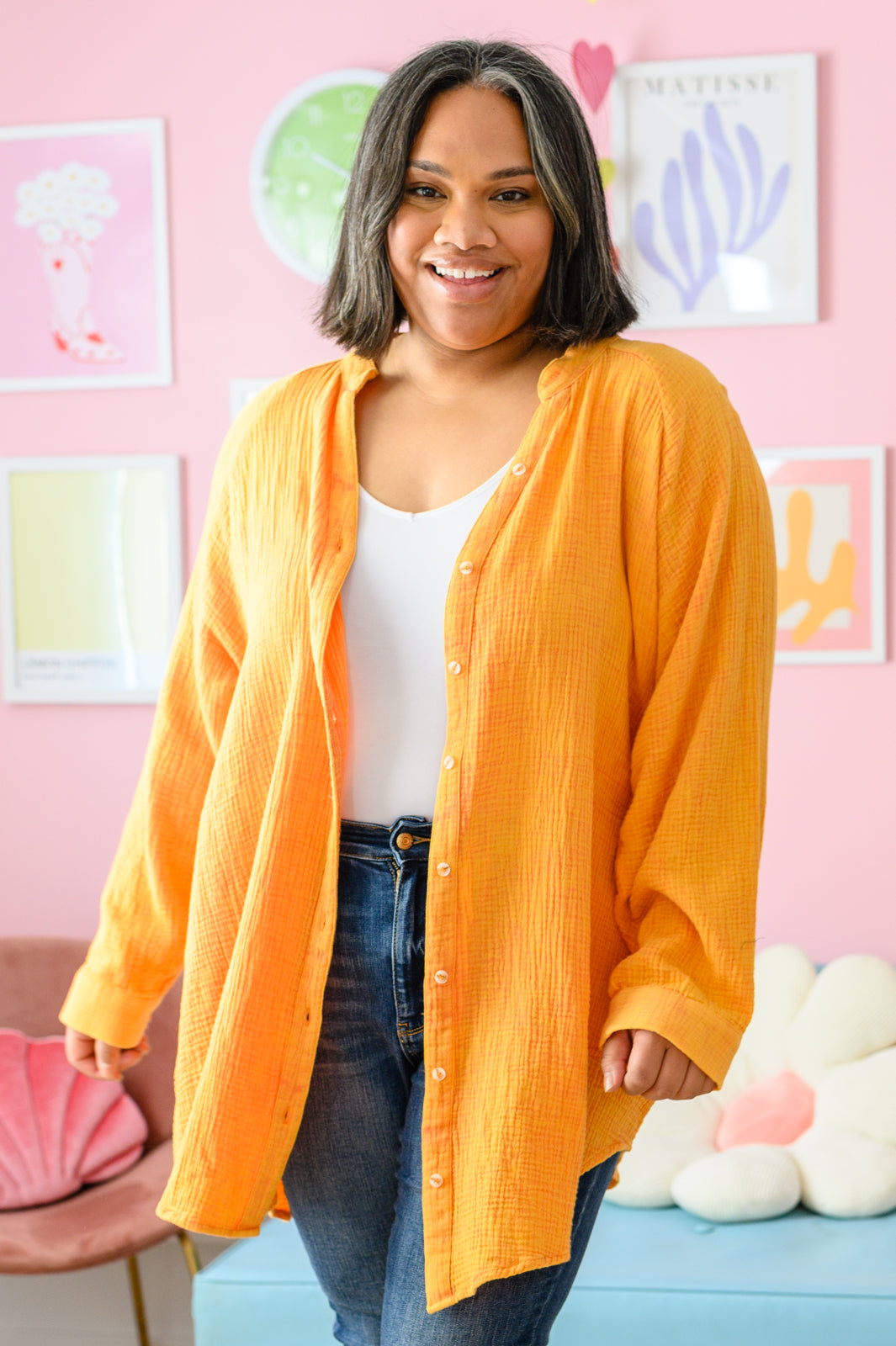 Corey Button Up Top in Tangerine - 1/19/2023
