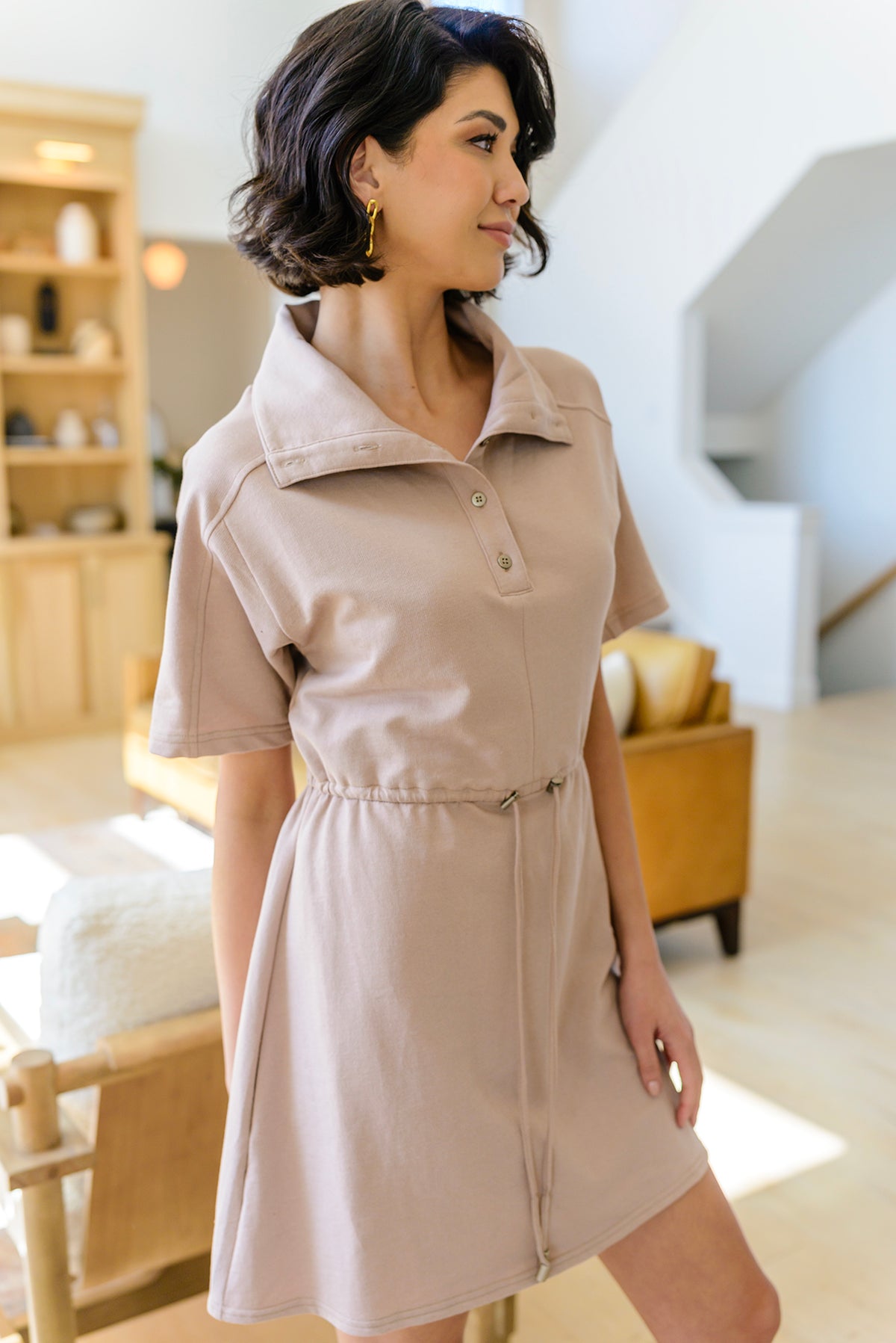 Darla Button Up Collared Dress in Taupe - 4/6/2023
