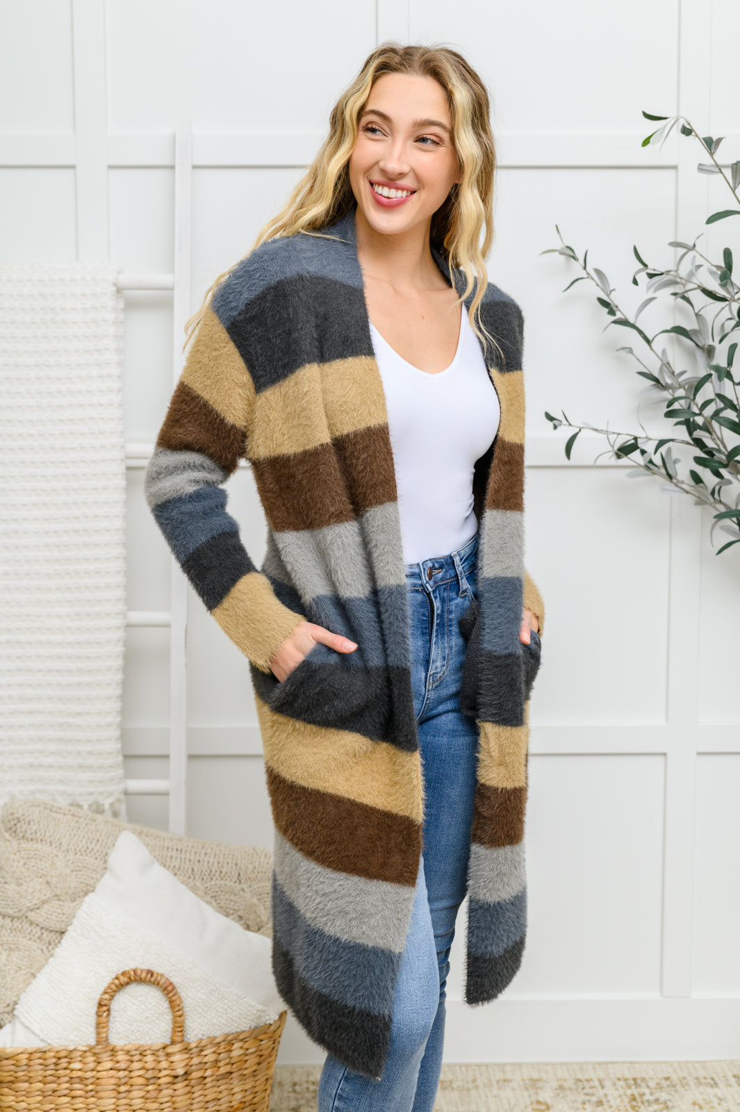 Fuzzy Longline Cardigan In Blue & Cocoa - 11/25/2022