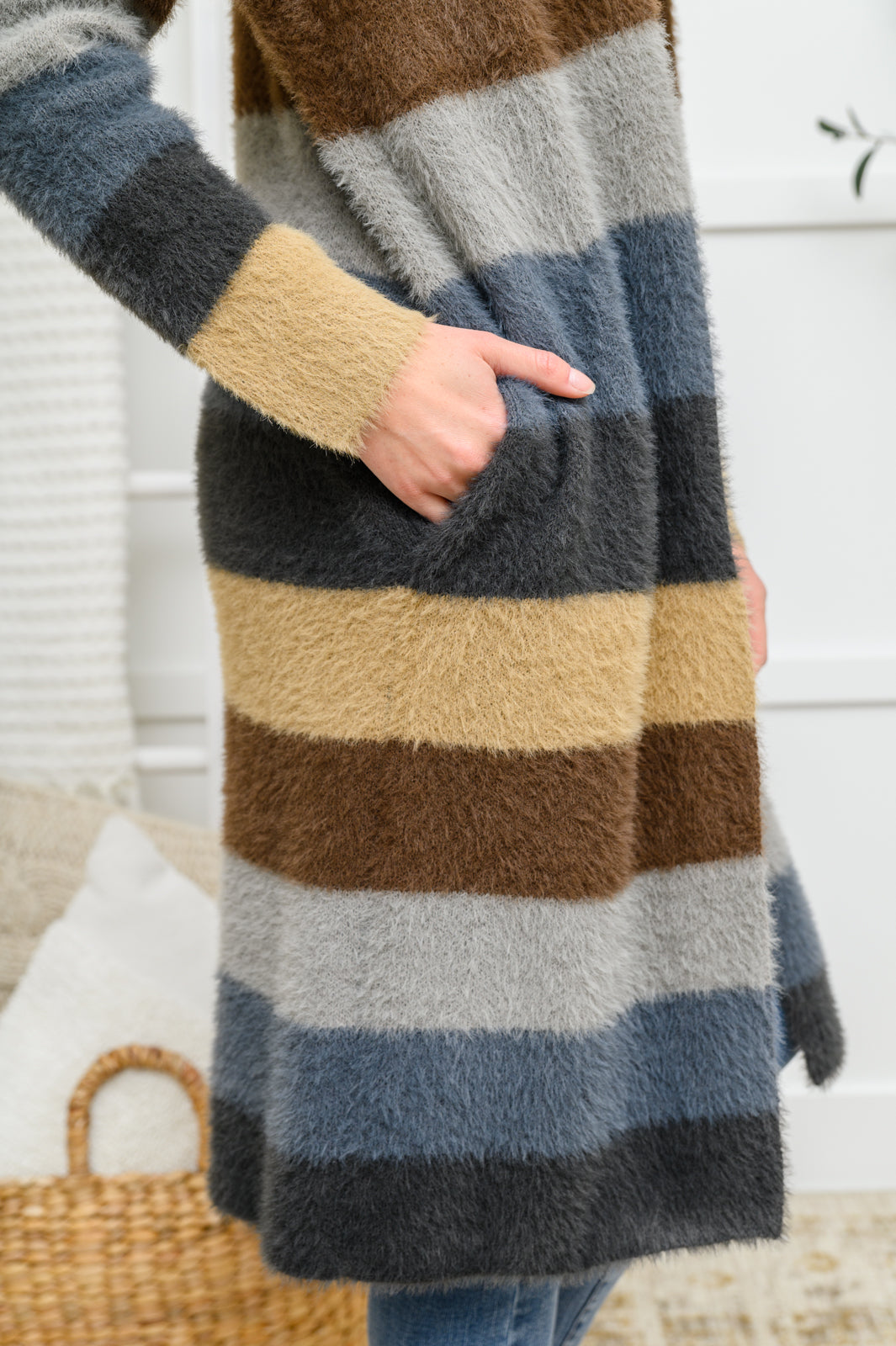 Fuzzy Longline Cardigan In Blue & Cocoa - 11/25/2022