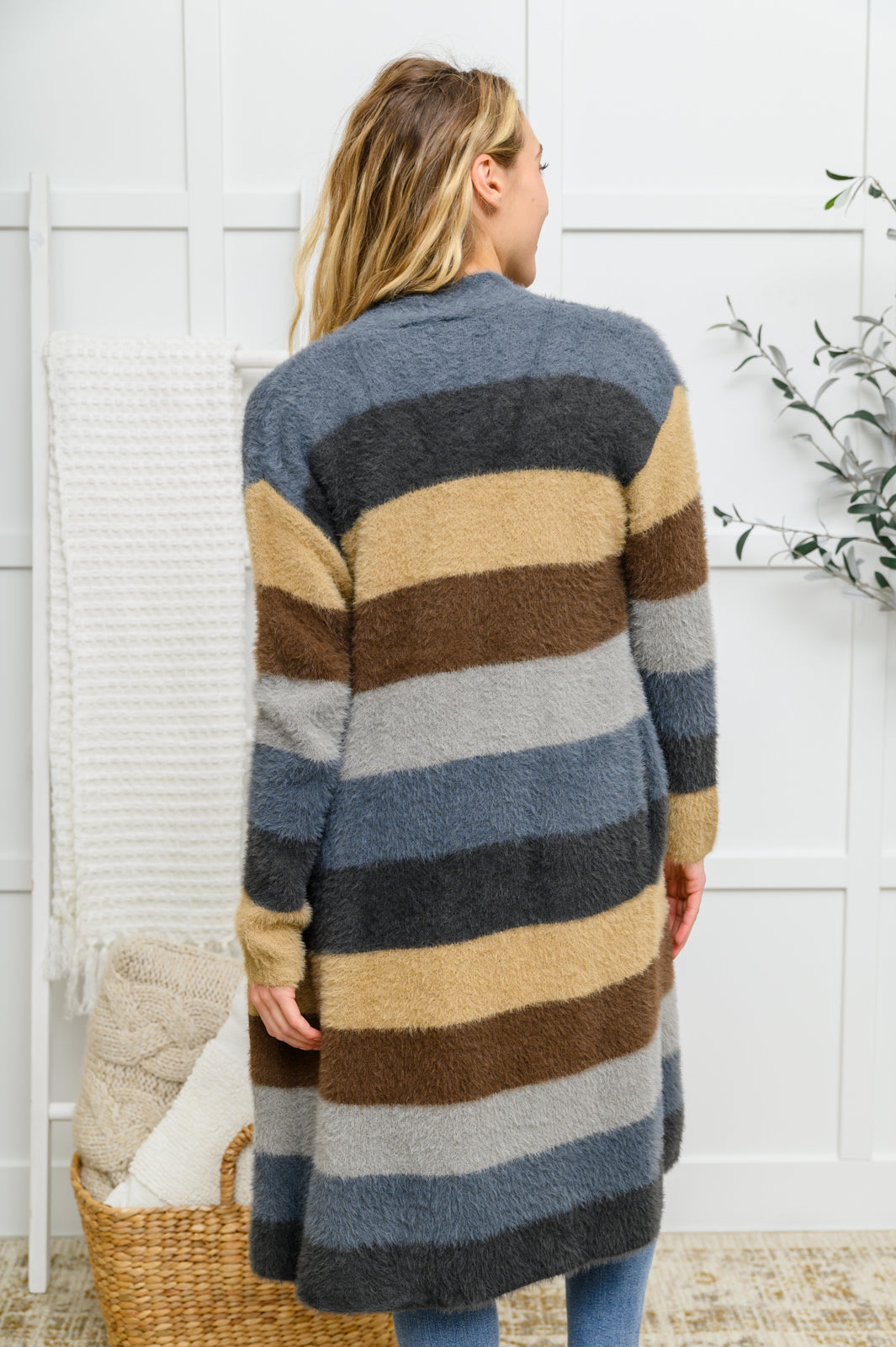 Fuzzy Longline Cardigan In Blue & Cocoa - 11/25/2022