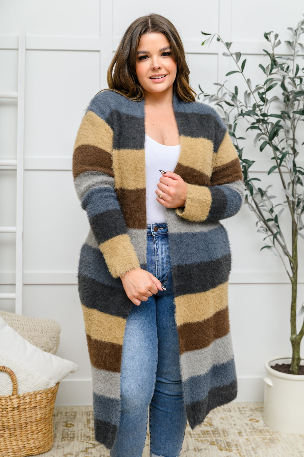 Fuzzy Longline Cardigan In Blue & Cocoa - 11/25/2022